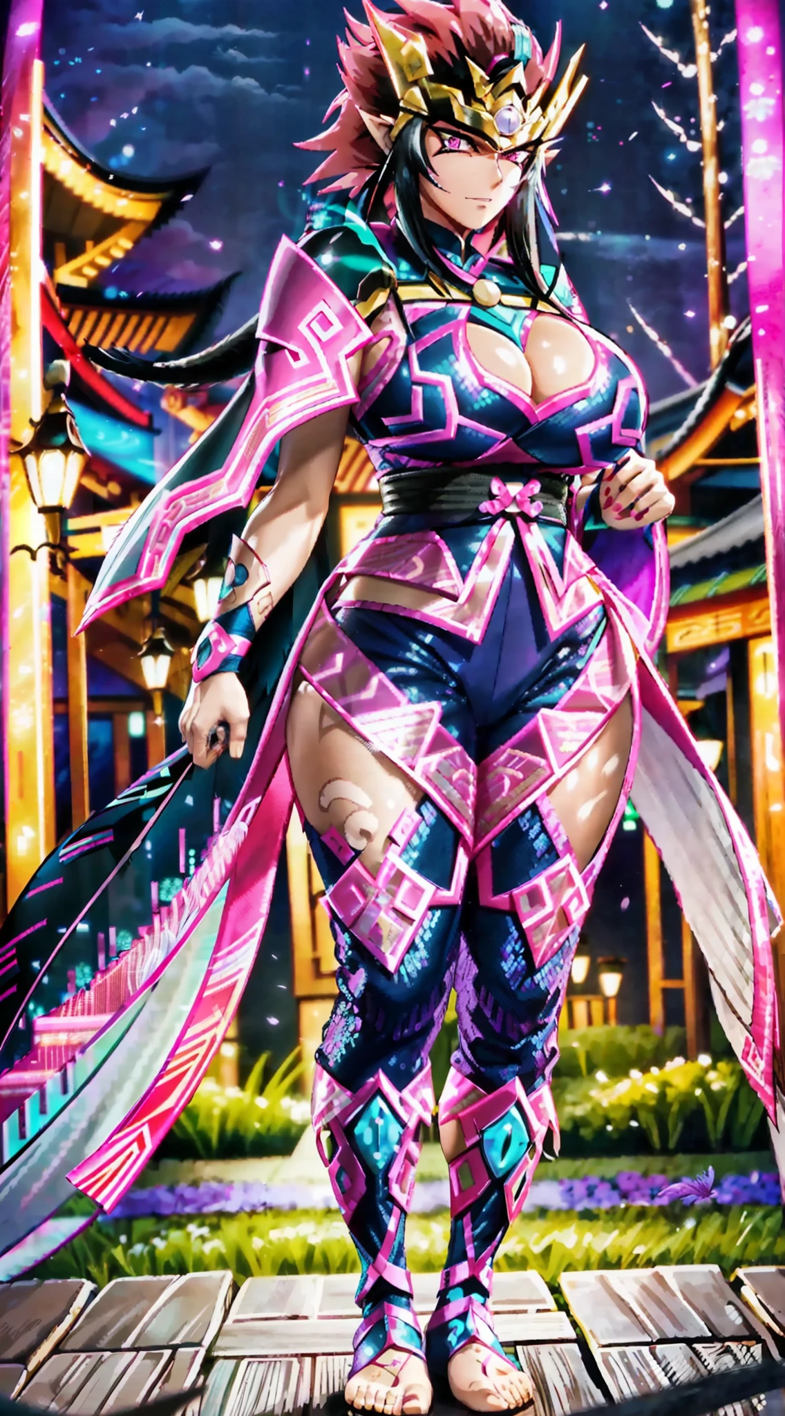 nighttime,full body,Genshin Impact:Raiden Shogun,(((Wearing Fluorescent fabric:harem outfit,Suzhoou embroidery technique:Lace sequin cloak woven from feathers))), Fabric Glows, Masterpiece,best quality,official art,extremely detailed 3DCG unity 8k, ( ##tattoo ##,tattoo, ~+ tattoo), (erfect female curves, huge stacked breast and proud cleavage),(A seductive gaze), Facing the camera, Pink lips,Blacklight lighting,full body, pants, vest