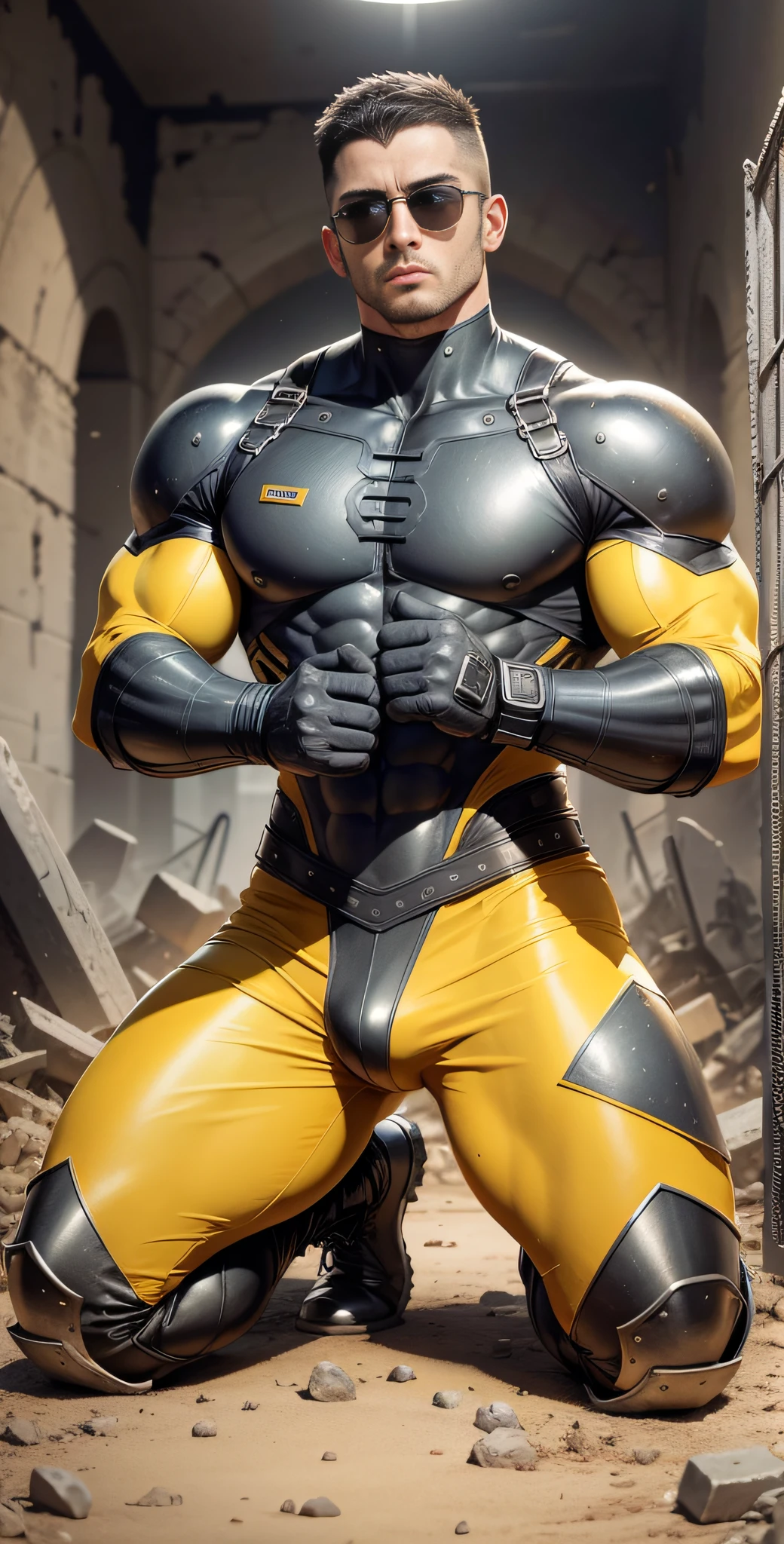 Arad man in yellow and black clothes kneeling in desolate ruins with his head in his hands, muscle male hero, Buzz Cut, heroic male pose, tall and burly, muscular! Wearing black sunglasses with sad expression, stealth suit, symmetrical pattern texture design, super buff and cool, high resolution committee, character design police, black military boots, attractive strong male with armor