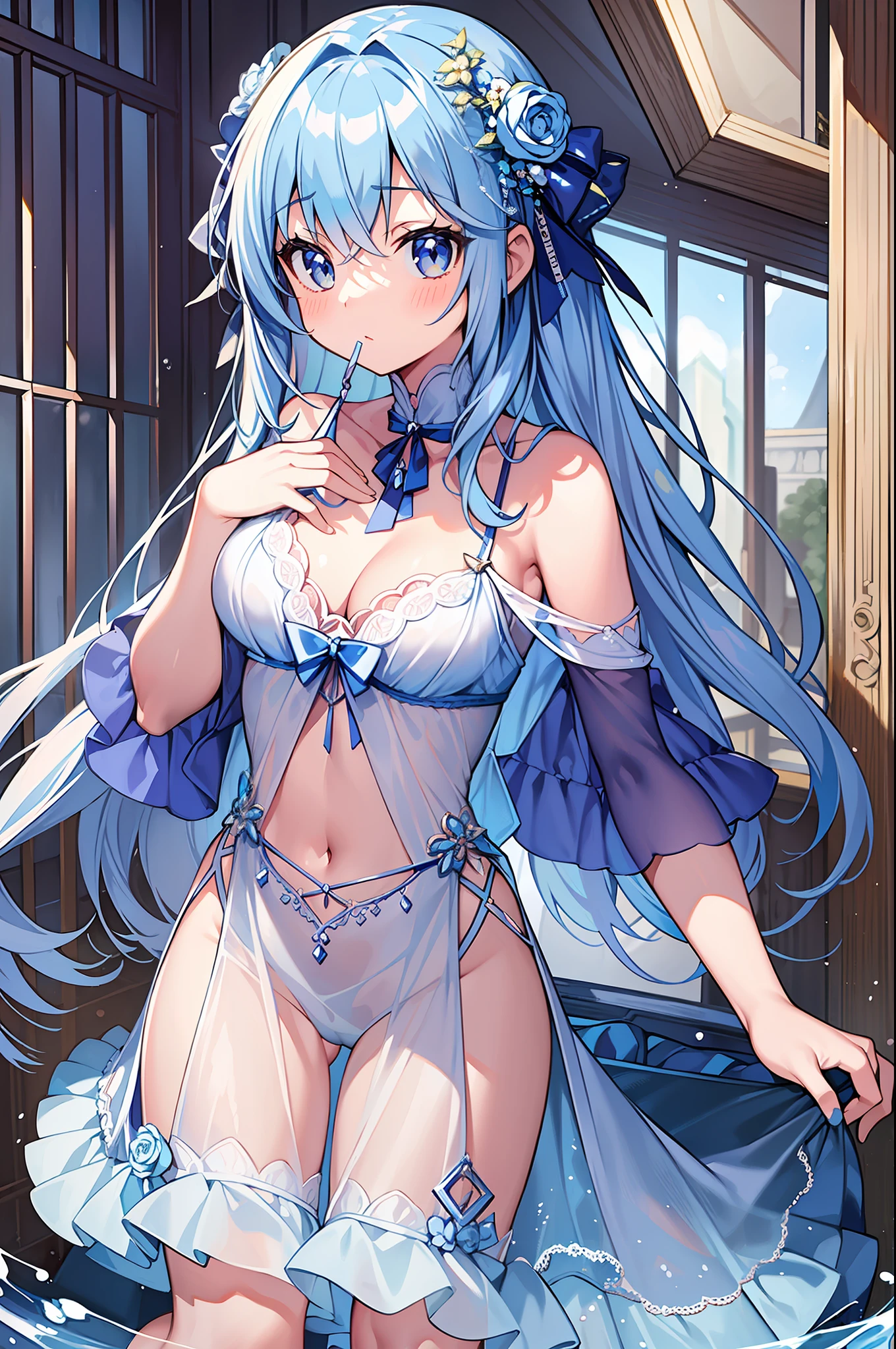 (MASTERPIECE), (Best Quality), (Super Detail), Official Art, One Girl, Lori with Pale Light Blue Hair, Petite Little Girl, Loli, Blue and Silver See-Through Dress, Sleeveless, Off Shoulder, Small, Very Small Breasts, Small, Cleavage, Thigh Focus, Navel, Lower Half of Breast Bare Skin, Card Illustration, Water