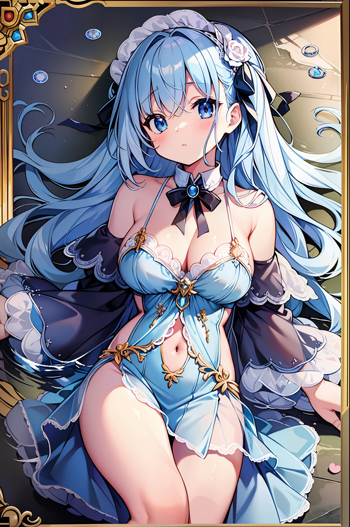 (MASTERPIECE), (Best Quality), (Super Detail), Official Art, One Girl, Lori with Pale Light Blue Hair, Petite Little Girl, Loli, Blue and Silver See-Through Dress, Sleeveless, Off Shoulder, Small, Very Small Breasts, Small, Cleavage, Thigh Focus, Navel, Lower Half of Breast Bare Skin, Card Illustration, Water