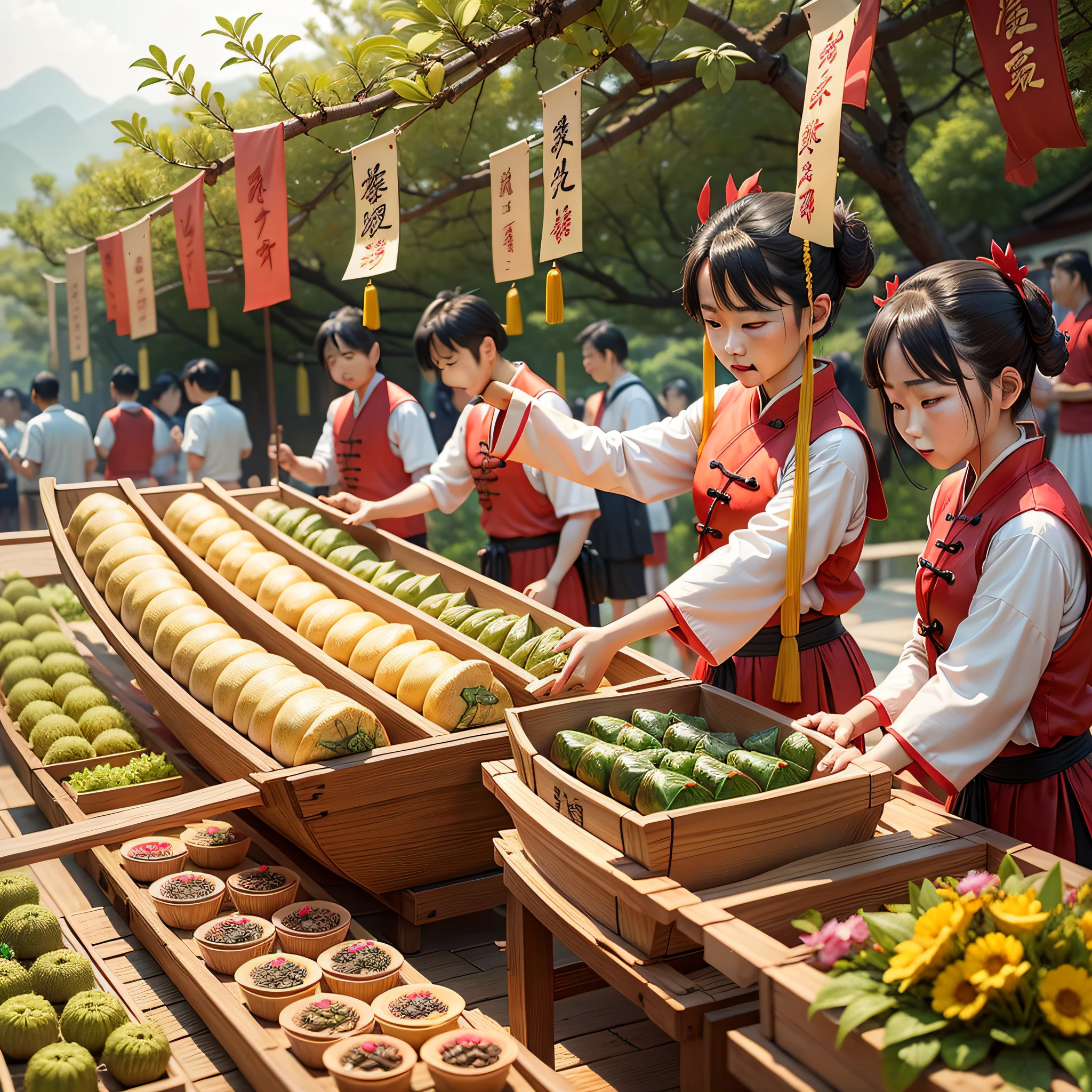 Dragon boats, zongzi, Qu Yuan, celebrations, traditional culture, memorials, solemnity, joy, sacrifices --auto --s2