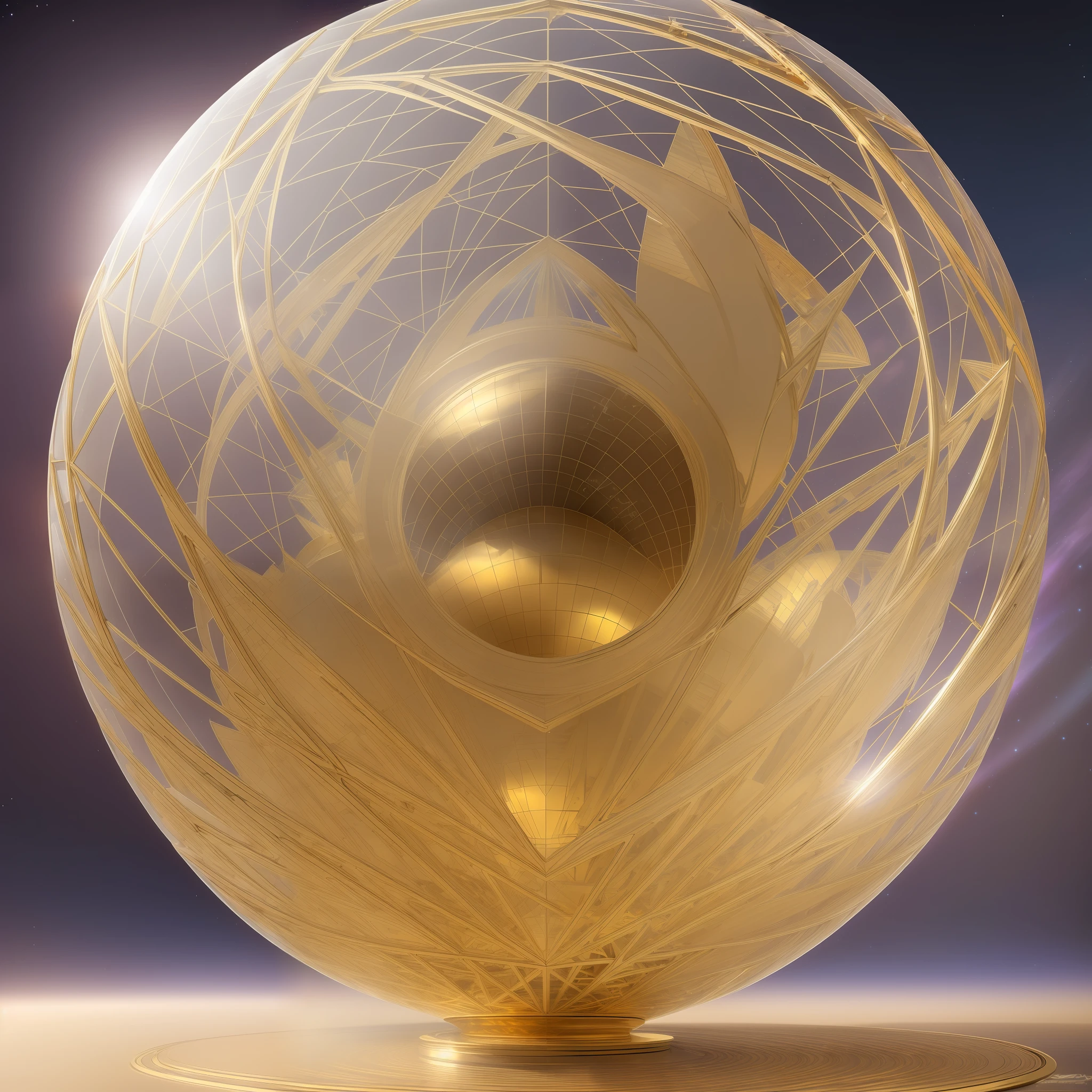 Ultra high definition. Inside the crystal dome of an extraterrestrial planet enveloped in silvery light. A realistic gold egg-shaped modern artwork with intricate sacred geometry floats.