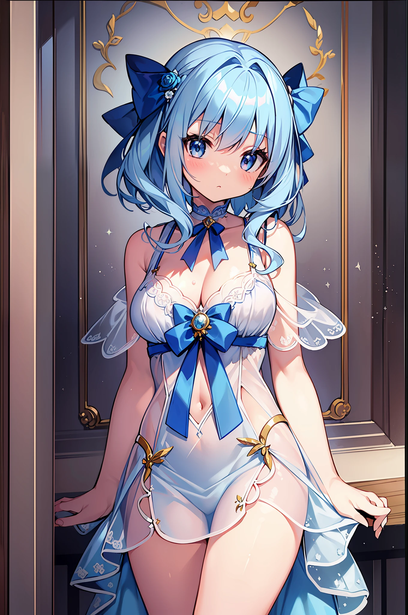 (MASTERPIECE), (Best Quality), (Super Detail), Official Art, One Girl, Lori with Pale Light Blue Hair, Petite , Loli, Blue Silver See-Through Dress, Sleeveless, Off Shoulder, Small, Very Small Breasts, Small, Cleavage, Thigh Focus, Navel, Lower Half of Breast Bare Skin, Card Illustration, Water