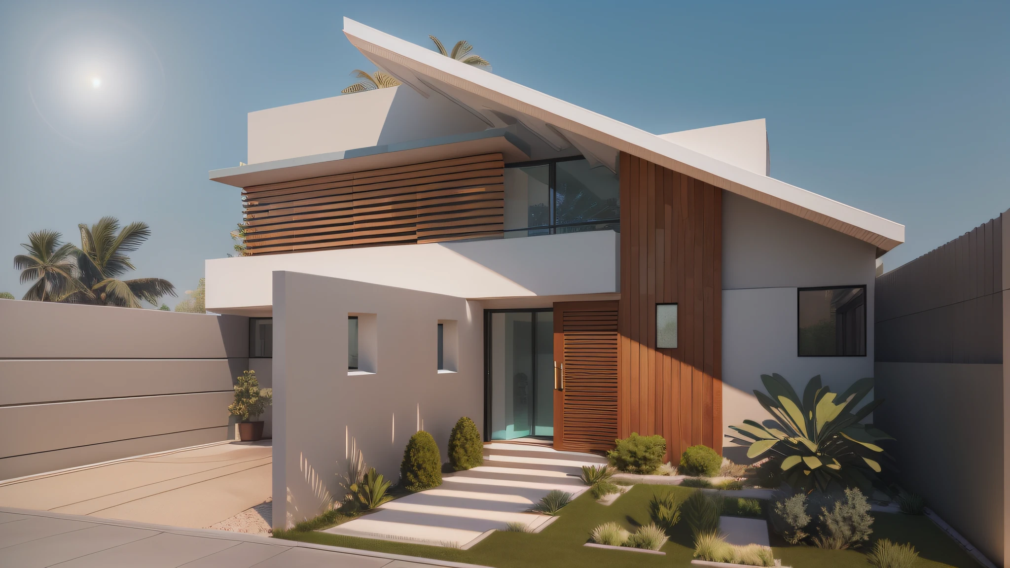 (extremely detailed modern house masterpiece, best quality, Fachada style),(ultra realistic illumination, perfect shadow, an extremely delicate and beautiful),(3D render),wide shot, dynamic angle, beautiful facade, modern design, minimalistic, luxury feel, high resolution, blue sky, green trees, sunny day) --auto --s2