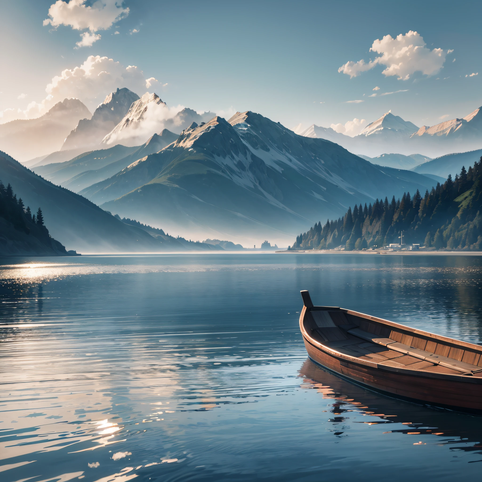 No man, There is a small boat on the lake, In the distance, the mountains are shrouded in mist, high satur, anime style, high detail, anime, blurry foreground, vanishing point, Canon, Ultra-Wide Angle, UHD, 8k, highres, high quality, masterpiece --auto --s2