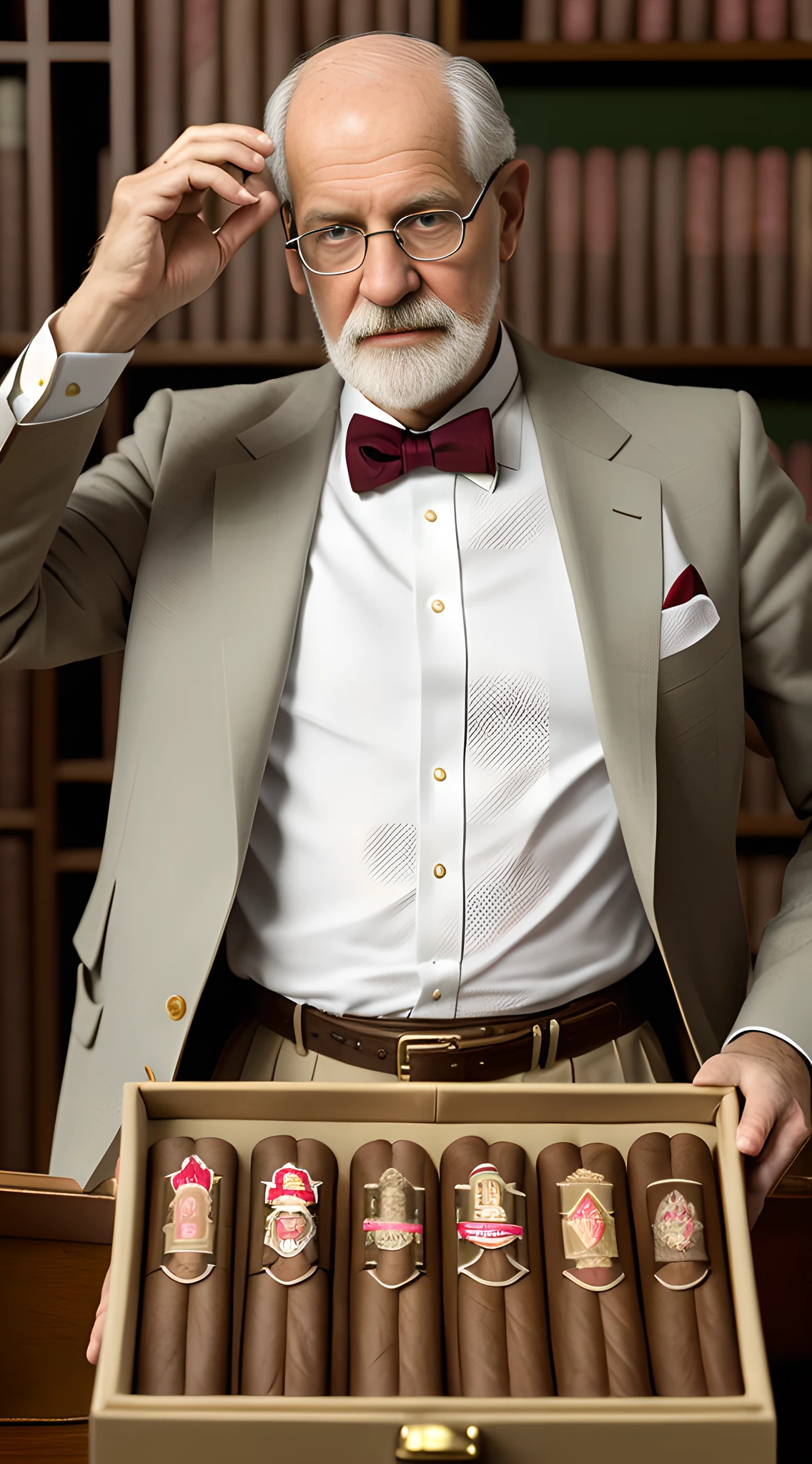 (best quality, ultra high res, CGI, official art:1.2), Sigmund Freud, contented, (flipping open a box of cigars:1.4), (early 20th-century attire:1.2), crisp white shirt, tweed jacket, backdrop of a vintage study, overflowing bookcases, elegant desk, soft glow from a table lamp, warm colors, peaceful atmosphere, side view, looking down at the box.