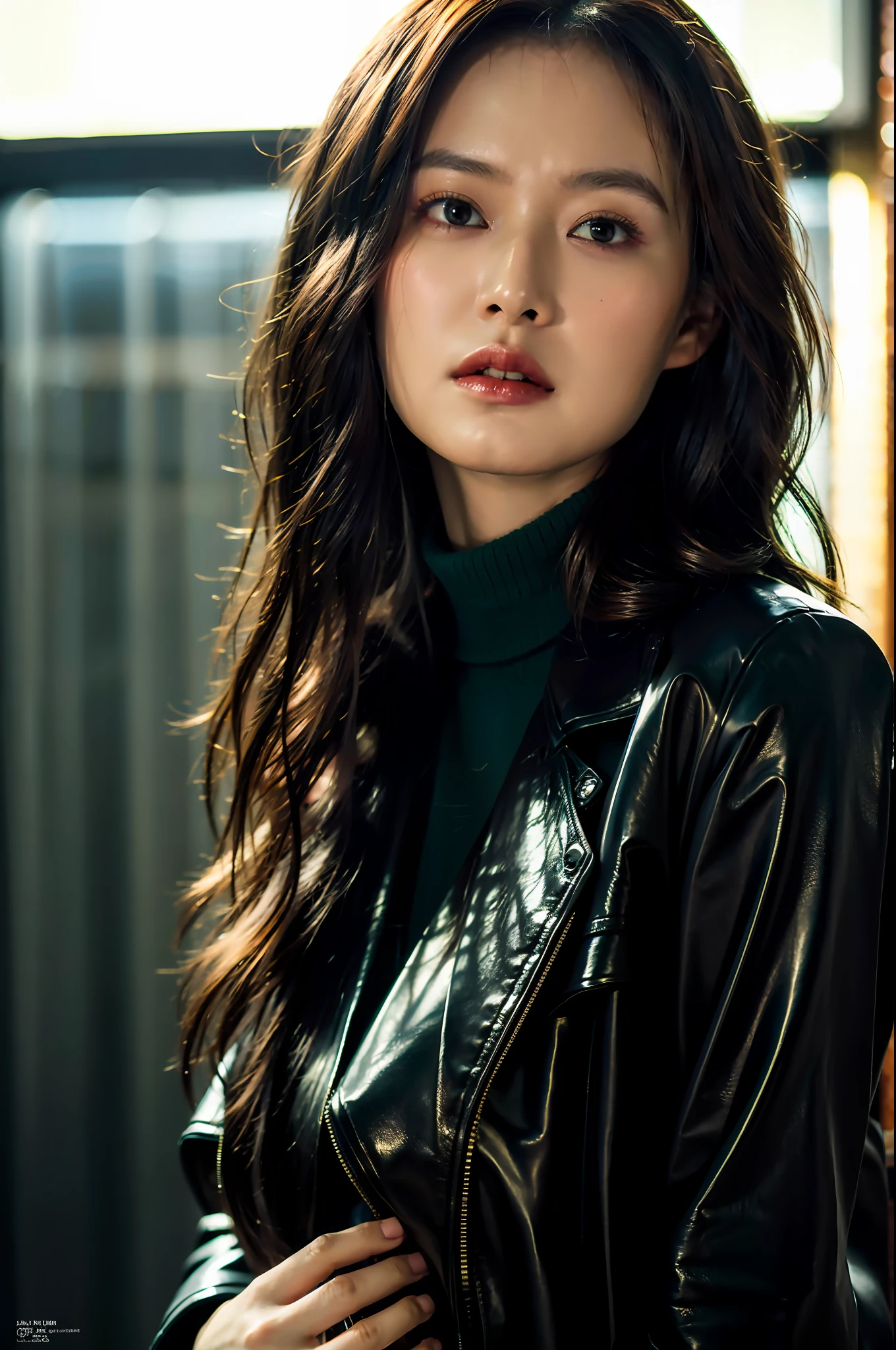 modelshot, cinematic still, 28 years asian girl standing, upper body, (black eyes:1.3), mid wavy hair, (green turtleneck sweater, leather jacket), soft natural light, in dark,
((masterpiece)),(best quality),(highres),Highly detailed RAW color photo,extremely detailed,photo-realistic,realistic,incredibly absurdres,highly detailed,sharp focus,, (professional studio lighting),(professionally color graded),rim light,dramatic lighting,cinematic lighting,lumen reflections,soft natural lighting,muted color,photon mapping,radiosity,, (beautiful eyes),(detailed eyes),(detailed face),symmetry eyes,sharp eyes,cool face,