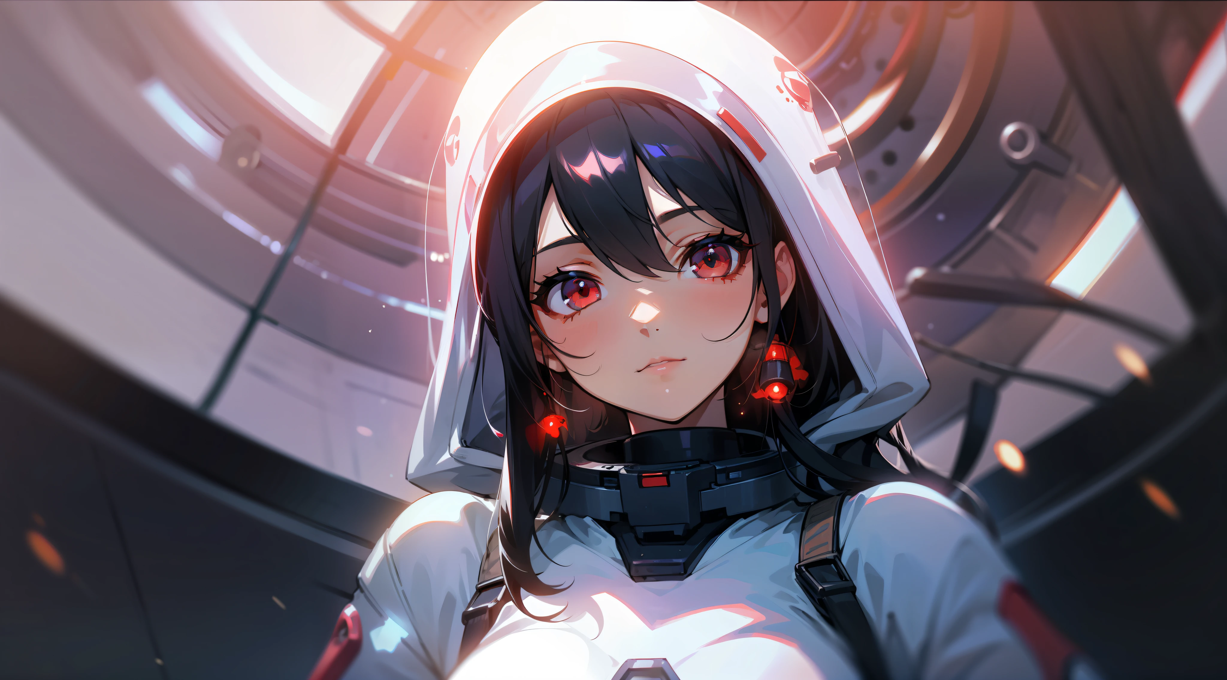 1girl, flat chest, cute, beautiful and detailed eyes, life on the space station, mirror props, shiny hair, visible through hair, hair between the eyes, white monochrome, , Soviet Union, communism, black hair, red eyes, vampires, girl, poor breasts, space suit: blurred foreground, HD, depth of field, bokeh, bust, medium shot, 56mm lens