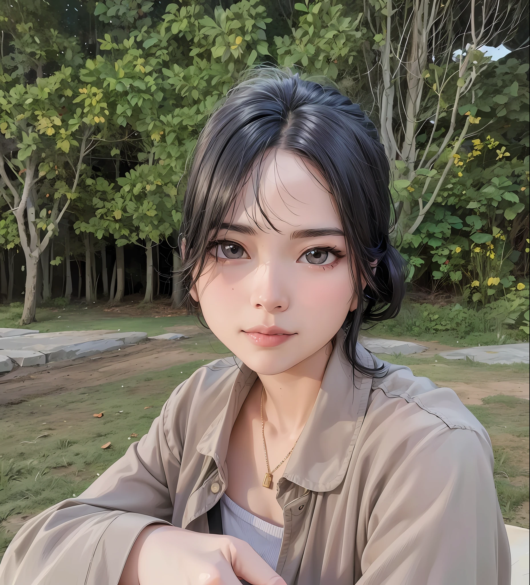 (8k, RAW photo, best quality, masterpiece: 1.2), (anime: 1.37), (best quality), super high resolution, extremely detailed CG Unity 8k wallpaper, physically based rendering, cinematic lighting, she has black hair, bangs, (black eyes: 1.6), smile, (closed mouth: 1.5), looking at the observer, (clear fingers: 1.4), background anime style woods