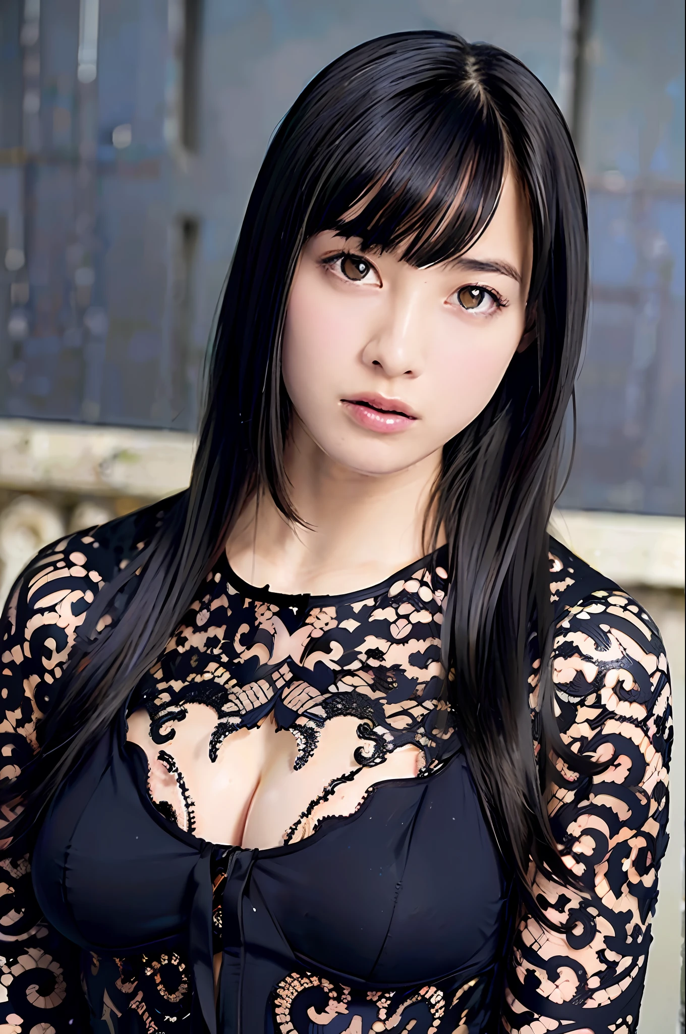 Top Quality, Masterpiece, Ultra High Definition, (Photorealistic: 1.4), Raw Photo, One Girl, Black Hair, Shiny Skin, Wet Body, Dramatic Writing, Full Body,, Full Body Photos, Black Sexy Underwear, Black Underwear, Huge Breasts, Open Crotch, Visible, High Exposure, Transparent Underwear