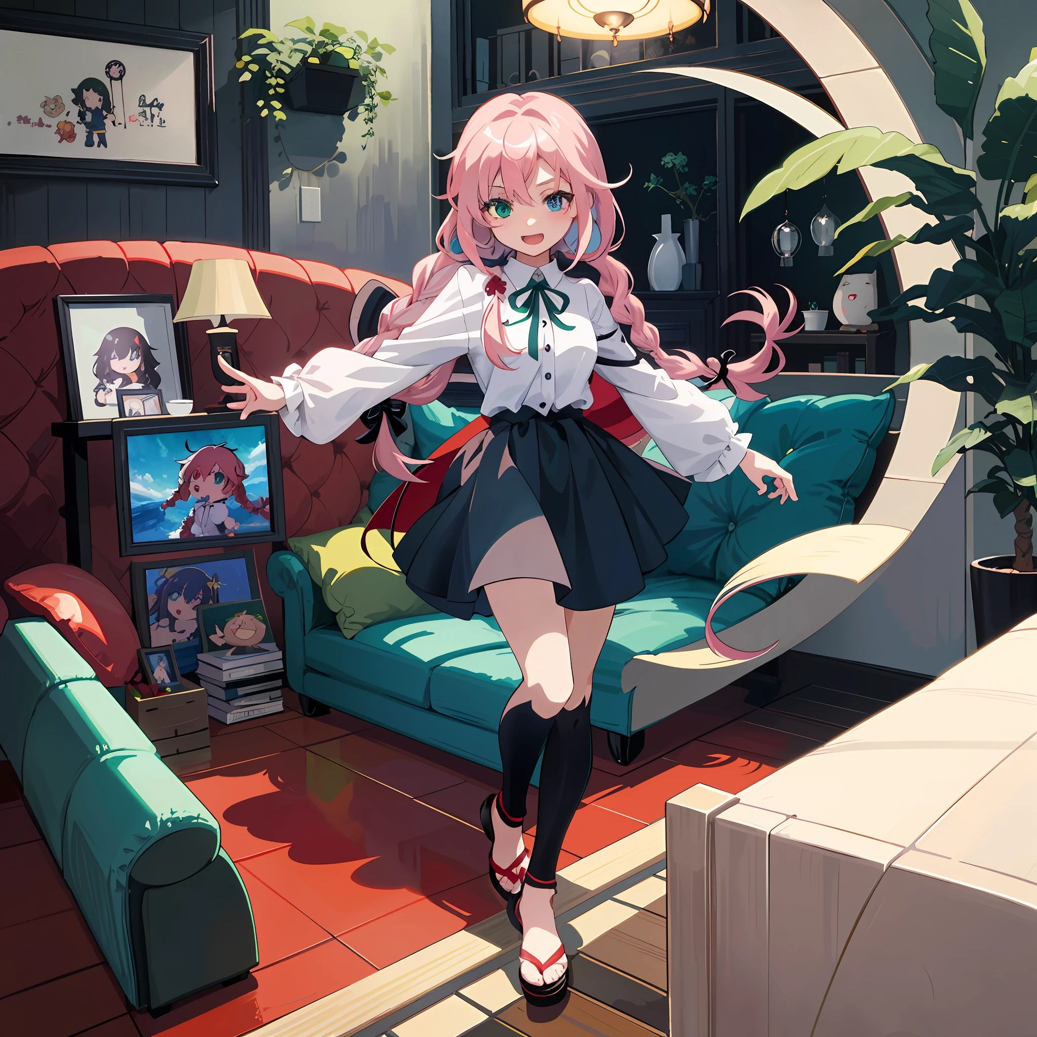 (masterpiece, ultra-detailed, 32k, high resolution, Kyoto Animation style of anime illustration, highest quality official art featuring:1.6), (heterochromia, blue eyes and green eyes:1.8), (chibi:1.8), (caregiver, 1 cute girl, solo, standing, looking at viewer, full body, front body, cute open mouth, make up, kawaii, happy smile:1.3), (:1.2), (kawaii:1.5), (Clothing:black long under shirt, simple design red polo shirt with 3buttons, black pants), (Footwear:sneaker), (pale pink hair, twin braids, long hair, hair ribbon, cute ribbon:1.1), slender eyebrows, large breast, (bakcground:couch, plant, indoors, scenery, chair, table, pillow, wooden floor, potted plant, tile floor, tiles, lamp), Best quality, 8k
