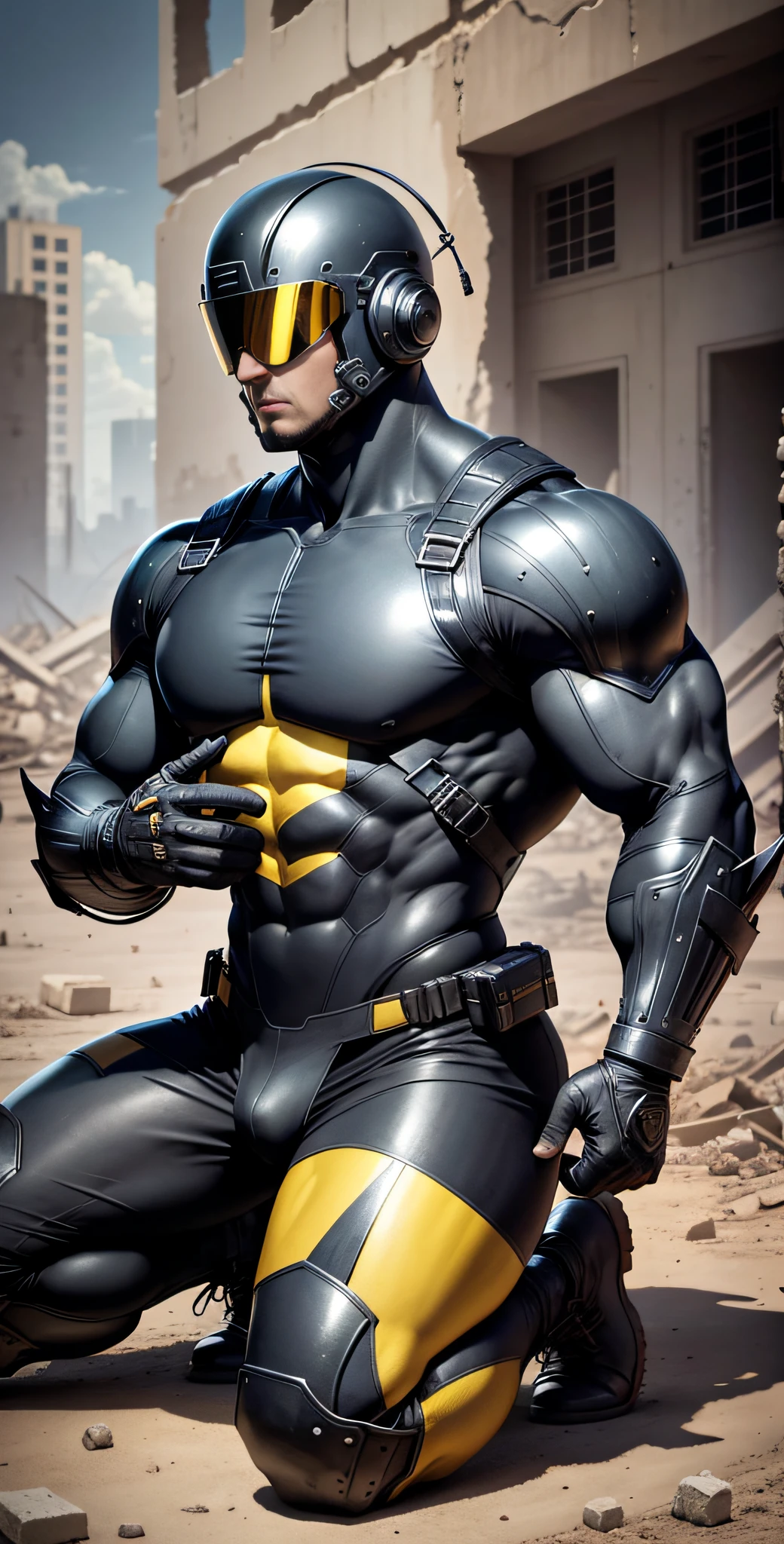 Arad man in yellow and black clothes kneeling in desolate ruins with his head in his hands, muscle male hero, Buzz Cut, heroic male pose, tall and burly, muscular! Wearing black sunglasses with sad expression, stealth suit, symmetrical pattern texture design, super buff and cool, high resolution committee, character design police, black military boots, attractive strong male with armor