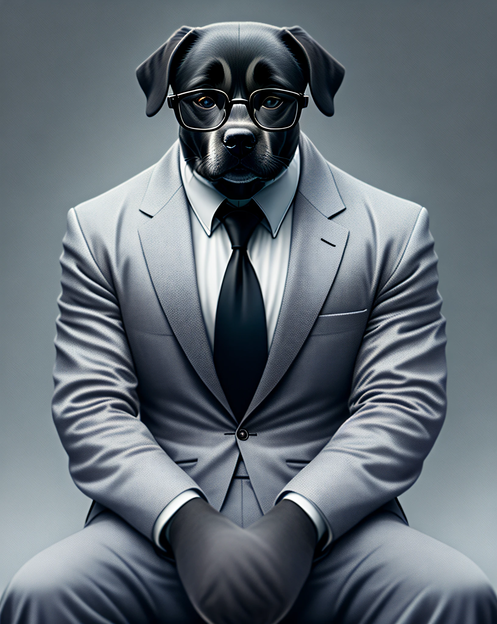 Generating an ultra-realistic image of a humanoid German black shell, wearing a modern gray suit and square glasses with lenses, sitting squarely on his chest, this photo was supposed to depict the dog as a businessman in a corporate setting.