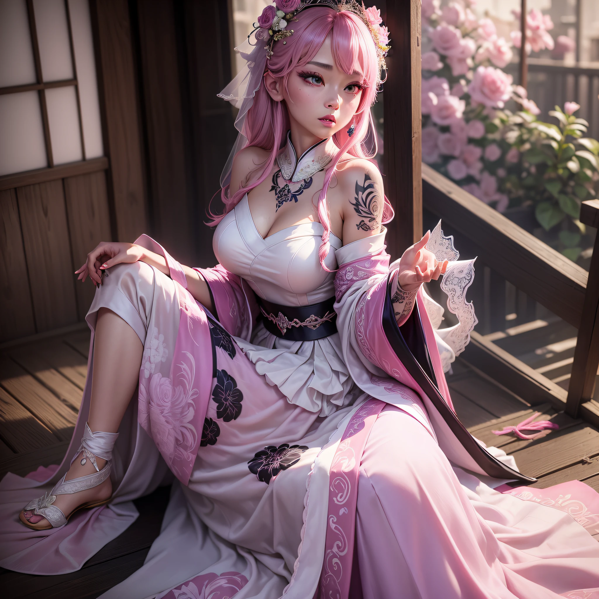 nighttime,full body,Genshin Impact:Yae Miko,(((Wearing palace wedding dress, Long skirt, large hem,Fabric: Chiffon ))), in Pink Rose Castle, Masterpiece,best quality,extremely detailed 3DCG, Cinema-4D ,8k,Photorealistic, ( ##tattoo ##,tattoo, ~+ tattoo), (erfect female curves),(A seductive gaze), Facing the camera, Pink lips,Blacklight lighting,