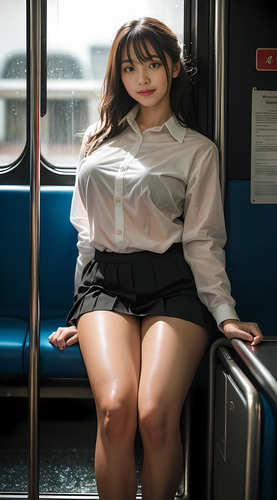 Highest quality, full body detail, golden ratio, (theater lighting: 0.7), masterpiece, viewer angle shot, cute smile, (25 years old girl sweaty ), looking straight mysteriously happy,camel toe, siting on the crouded train, long black messy hair (wearing wet on sweat school uniform), with rainy outside,rainy,(rainy :1.2), (foggy windows:1.2),rainy,
, curvy full body portrait, perfect face, amazing eyes, vivid details, (highly detailed skin), accent lighting, depth of field, old camera, conscious, digital grain, war photography, dogs perspective view angle photoshoot, from bottom to top