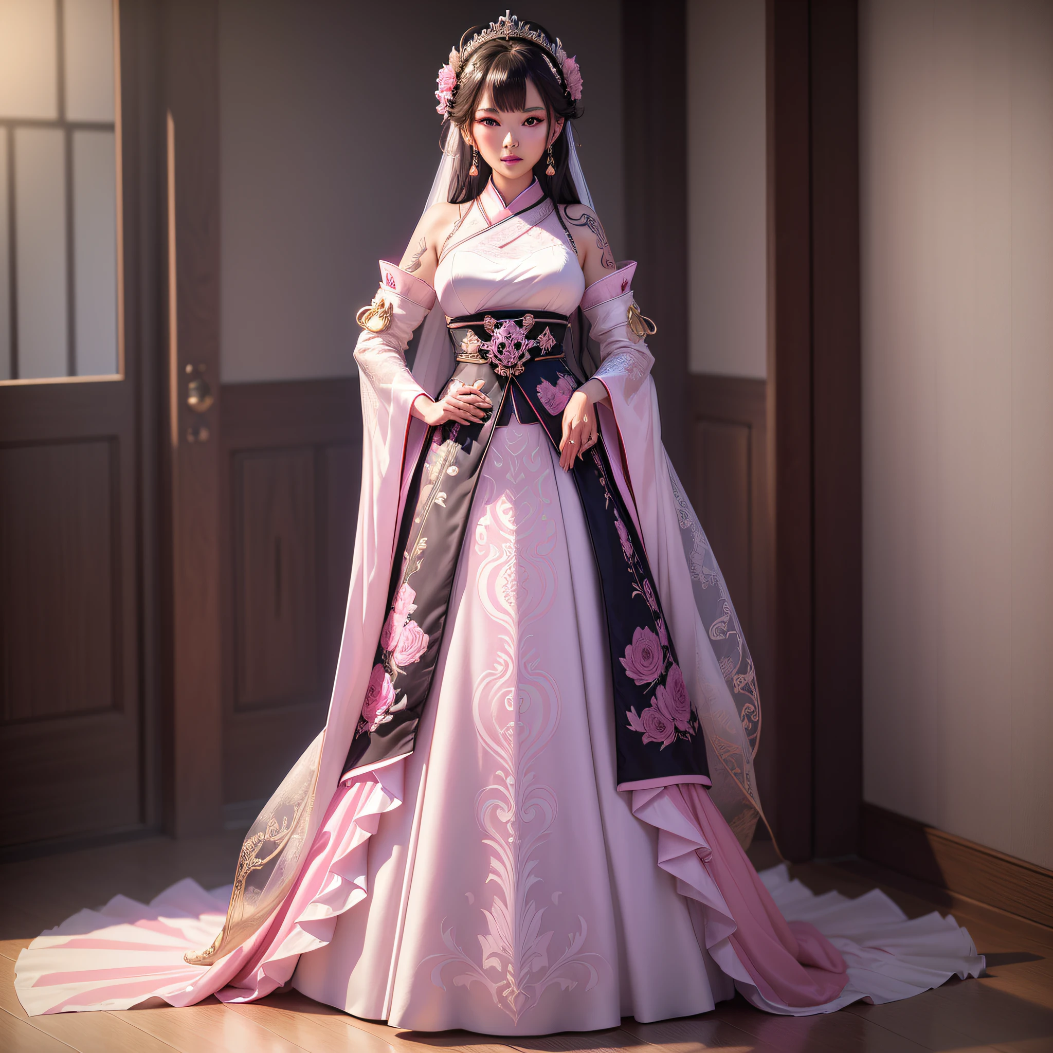 nighttime,full body,Genshin Impact:Yae Miko,(((Wearing palace wedding dress, Long skirt, large hem,Fabric: Chiffon ))), in Pink Rose Castle, Masterpiece,best quality,extremely detailed 3DCG, Cinema-4D ,8k,Photorealistic, ( ##tattoo ##,tattoo, ~+ tattoo), (erfect female curves),(A seductive gaze), Facing the camera, Pink lips,Blacklight lighting,