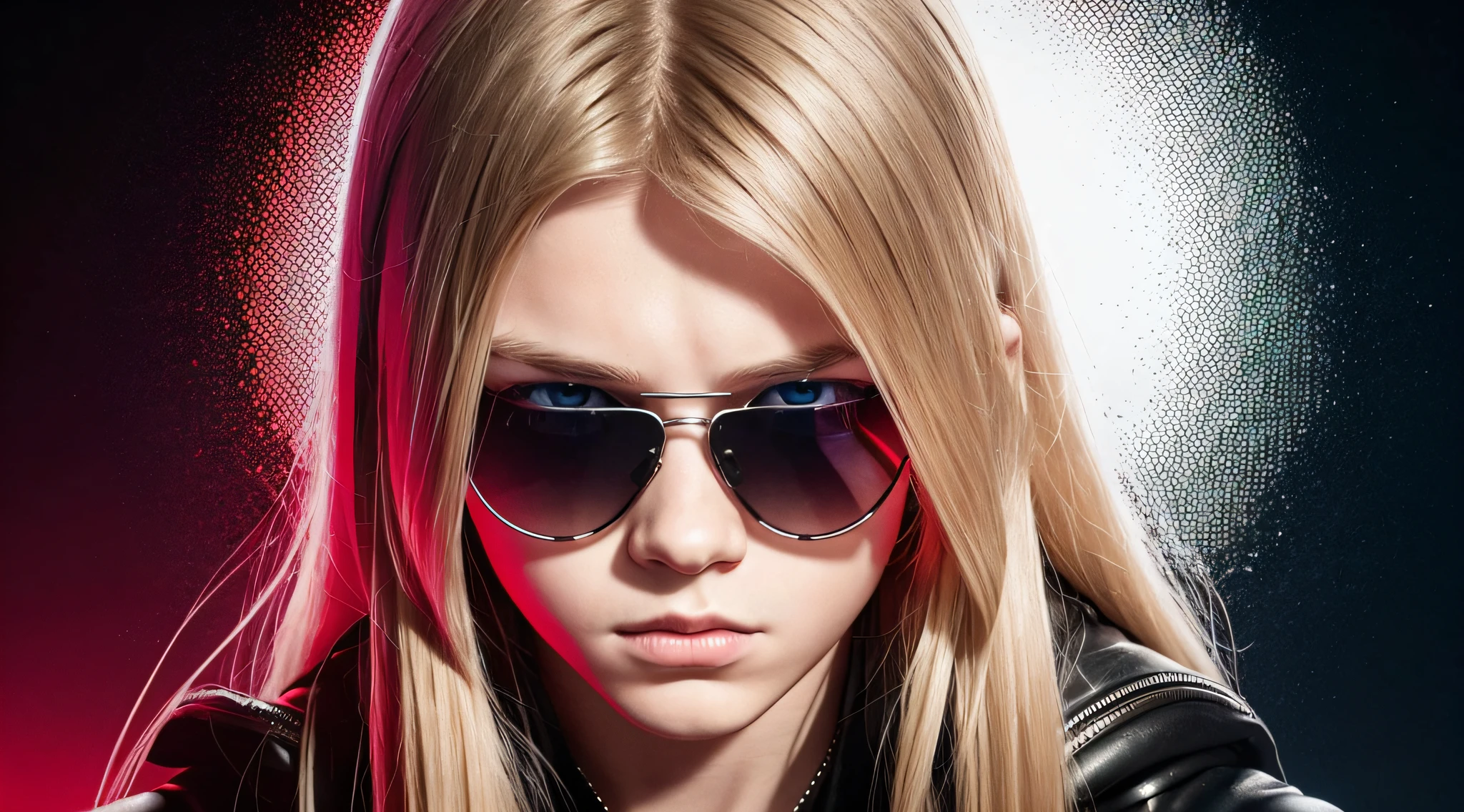 BOY Russian child with 20 years old, WITH LONG BLONDE STRAIGHT HAIR, WITH SUNGLASSES, on a black background WITH RED LIGHTS, The Terminator, The Terminator, The Terminator. --auto --s2