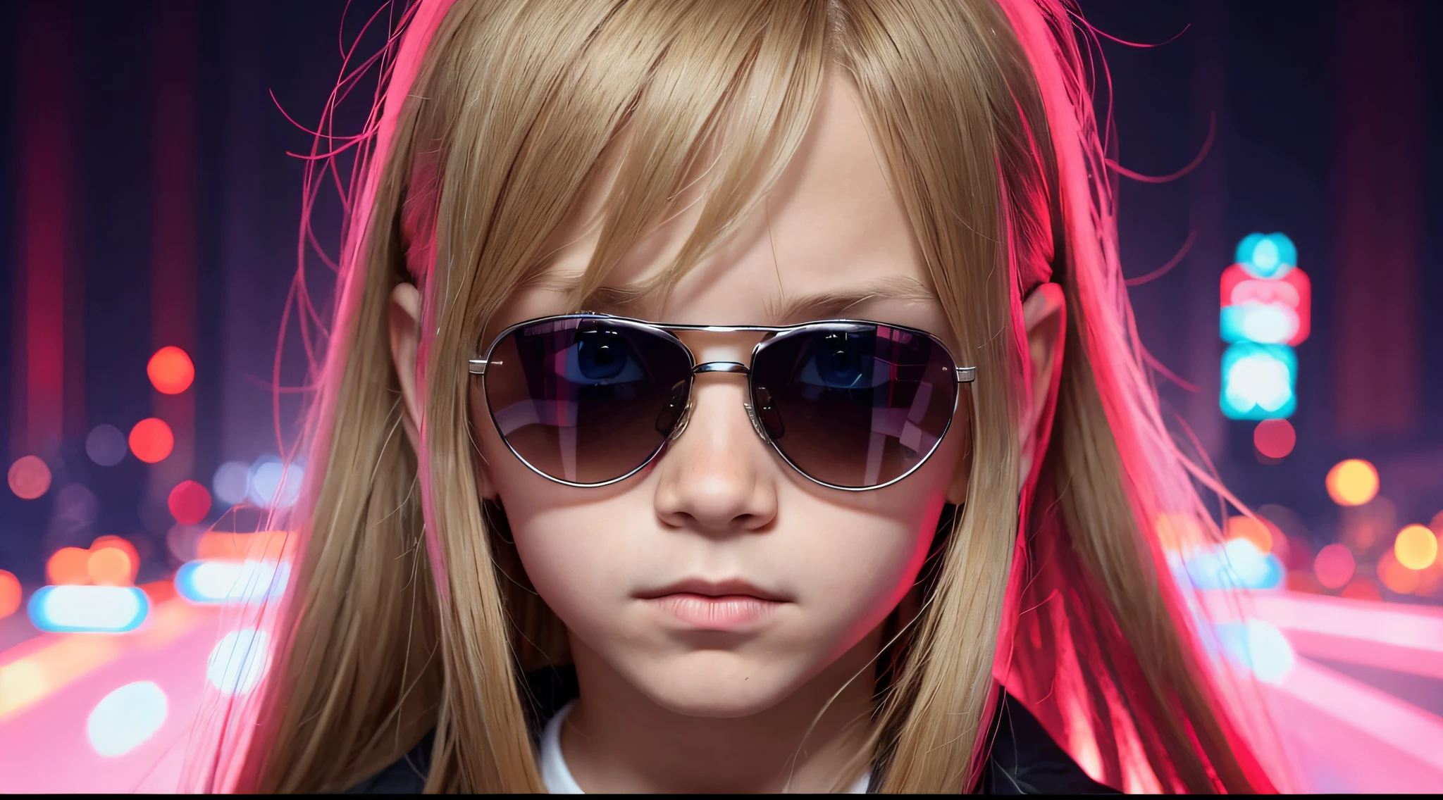 BOY Russian child with 20 years old, WITH LONG BLONDE STRAIGHT HAIR, WITH SUNGLASSES, on a black background WITH RED LIGHTS, The Terminator, The Terminator, The Terminator. --auto --s2