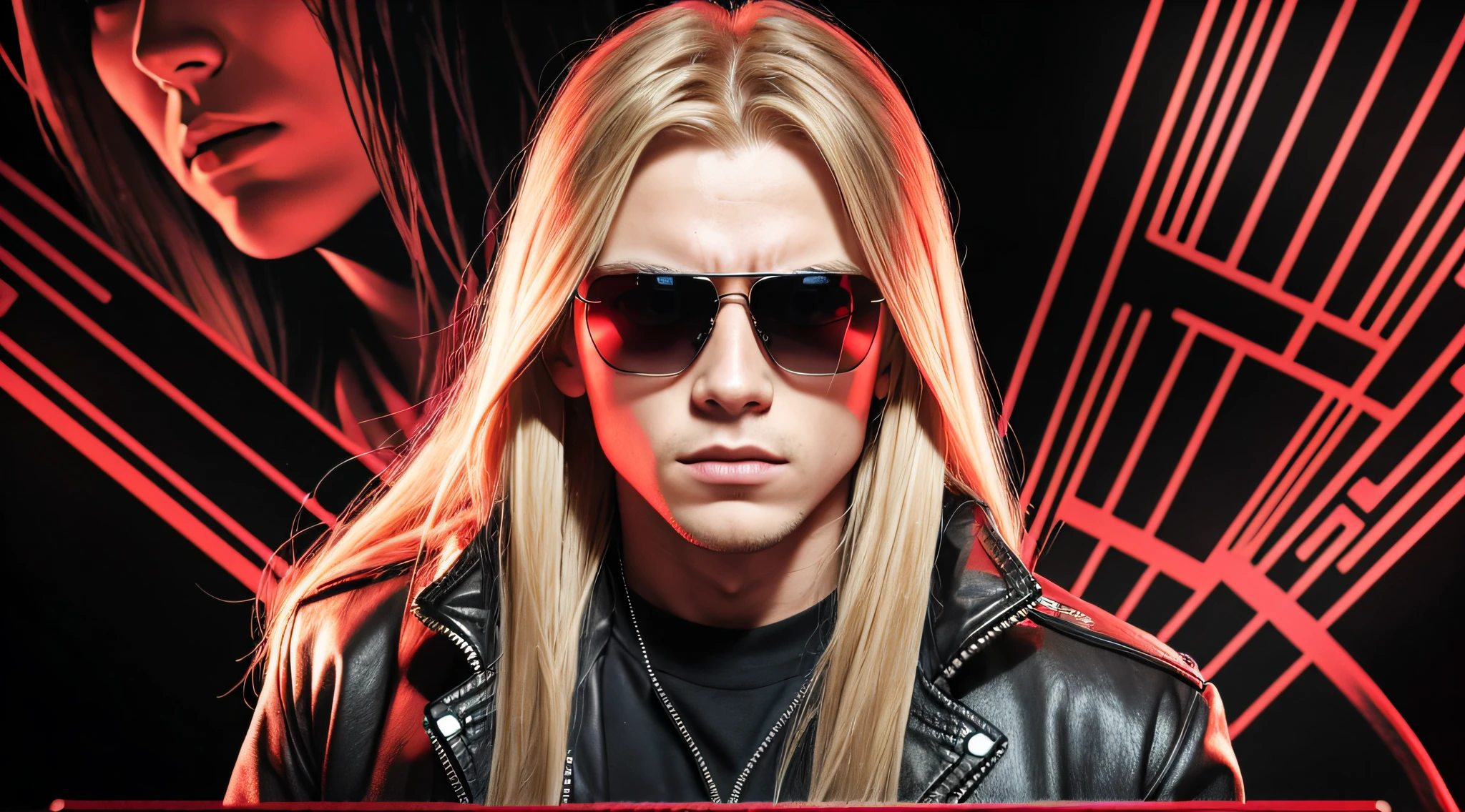 BOY Russian child with 20 years old, WITH LONG BLONDE STRAIGHT HAIR, WITH SUNGLASSES, on a black background WITH RED LIGHTS, The Terminator, The Terminator, The Terminator. --auto --s2