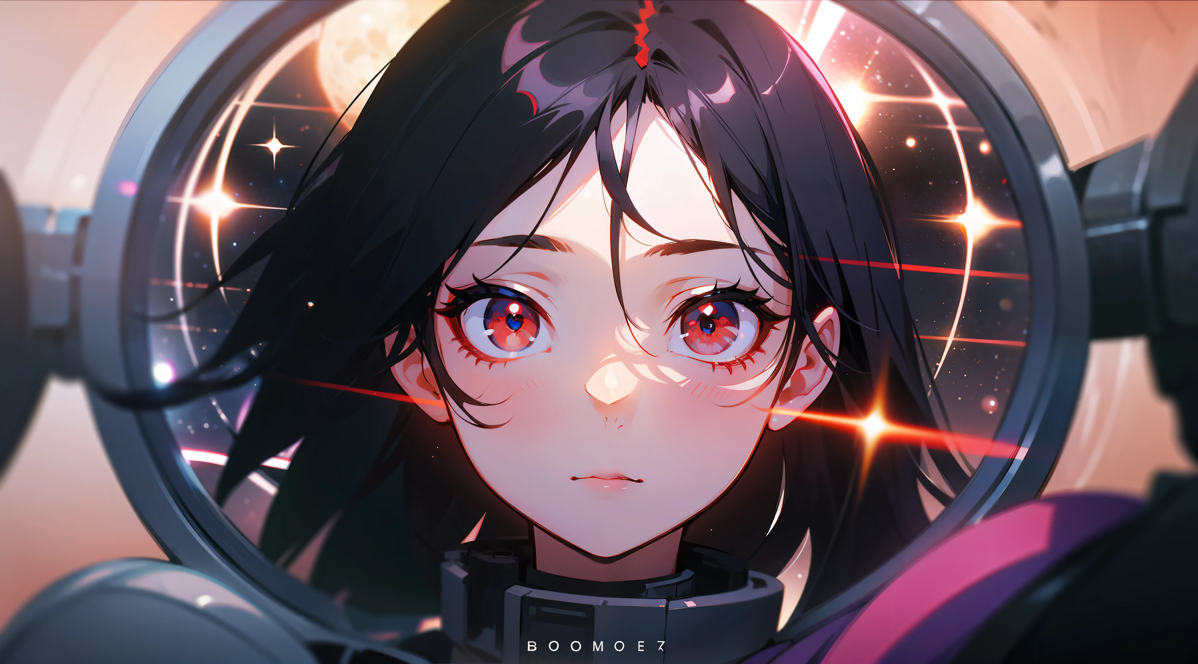 1girl, flat chest, cute, beautiful and detailed eyes, life on the space station, mirror props, shiny hair, visible through hair, hair between the eyes, white monochrome, , Soviet Union, communism, black hair, red eyes, vampires, girl, poor breasts, space suit: blurred foreground, HD, depth of field, bokeh, bust, medium shot, 56mm lens