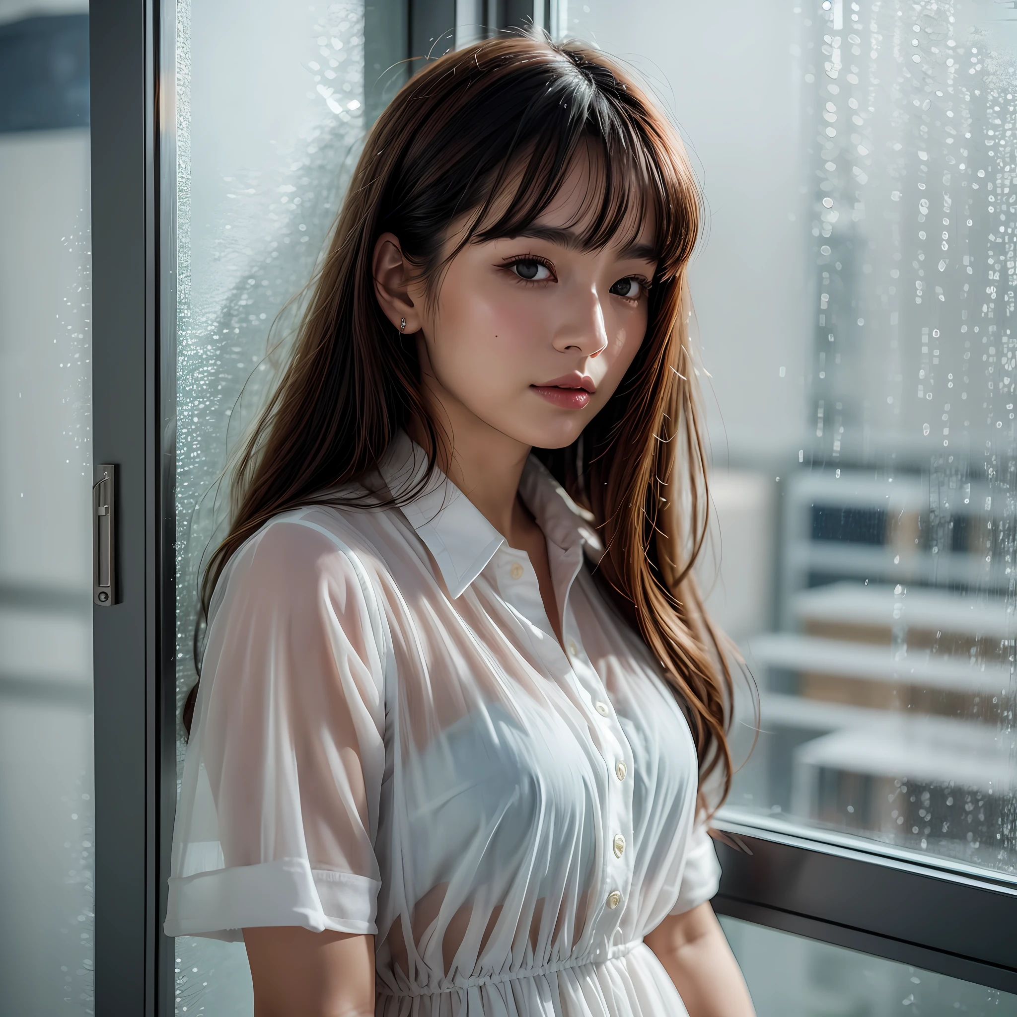 solo, woman, pyoapplev1, pyoapple, (look away), (parted lips with a faint smile), (shiny skin:1.1), blush, (bangs), long hair, standing, wearing summer dress, overlooking the city in window in white apartment, with rainy outside,rainy,(rainy :1.2), (foggy windows:1.2),rainy,
skin dents, intaglio photo reference, best quality, super high resolution, (realistic), (detailed face and eyes),