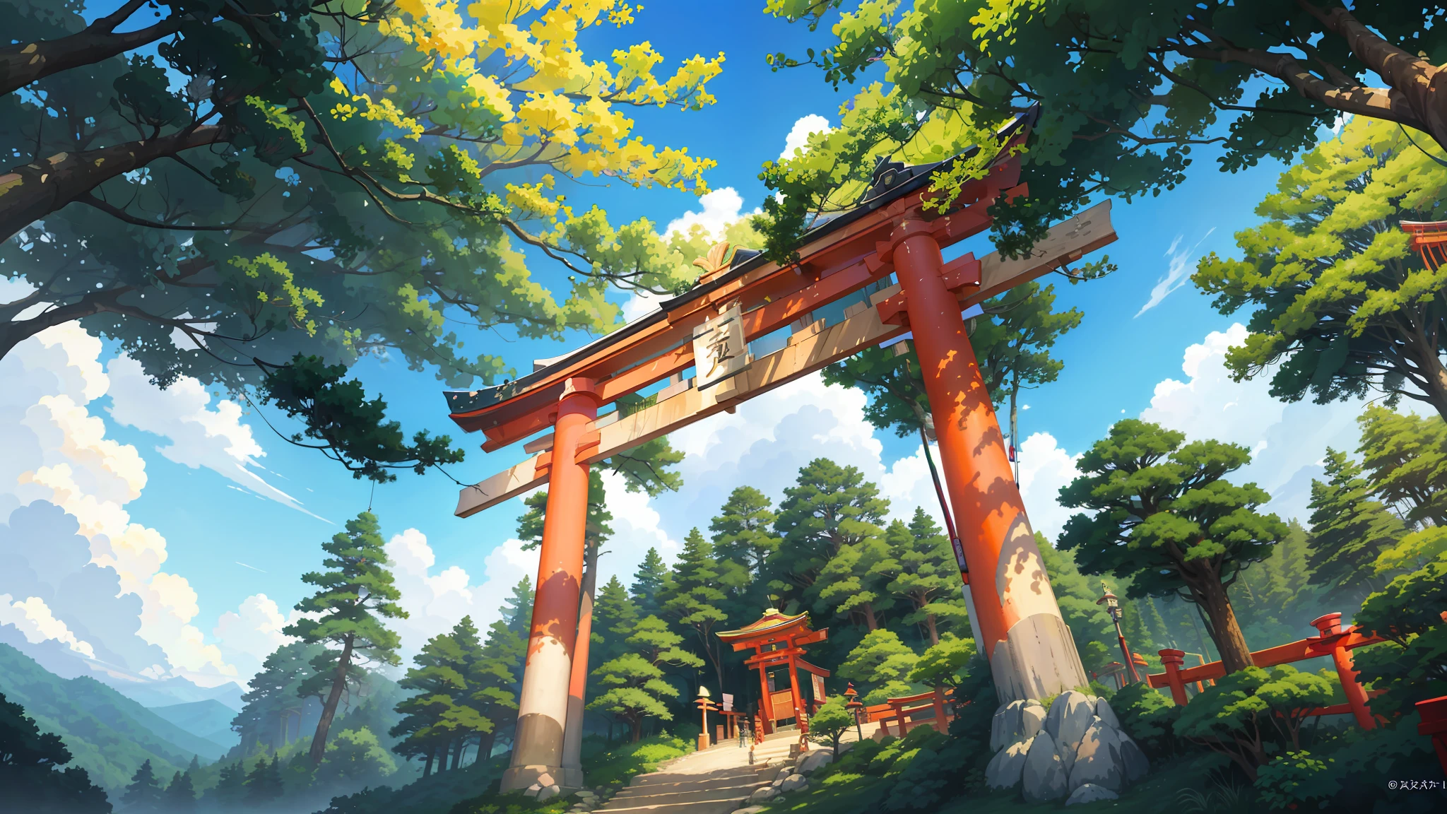 a painting of a tori tori gate in the middle of a forest, torii in a moutain with trees, official artwork, anime still film anime shikishi, japanese torii in a moutain, anime beautiful peace scene, anime background key visual, kyoto animation anime key visual, ( ( makoto shinkai ) ), mokoto shinkai