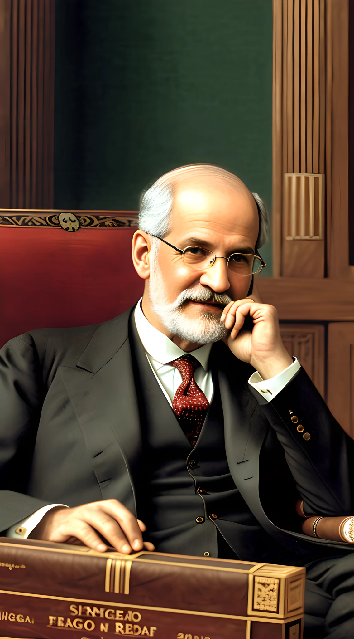 (masterpiece, UHD, digital art, detailed:1.3), Sigmund Freud, amused, (admiring a box of cigars:1.4), (early 20th-century attire:1.2), dark suit, patterned tie, setting of a quaint reading room, antique leather chair, scrolled rug, muted daylight filtering through heavy curtains, warm colors, joyful atmosphere, extreme close-up, looking at viewer with a smirk.