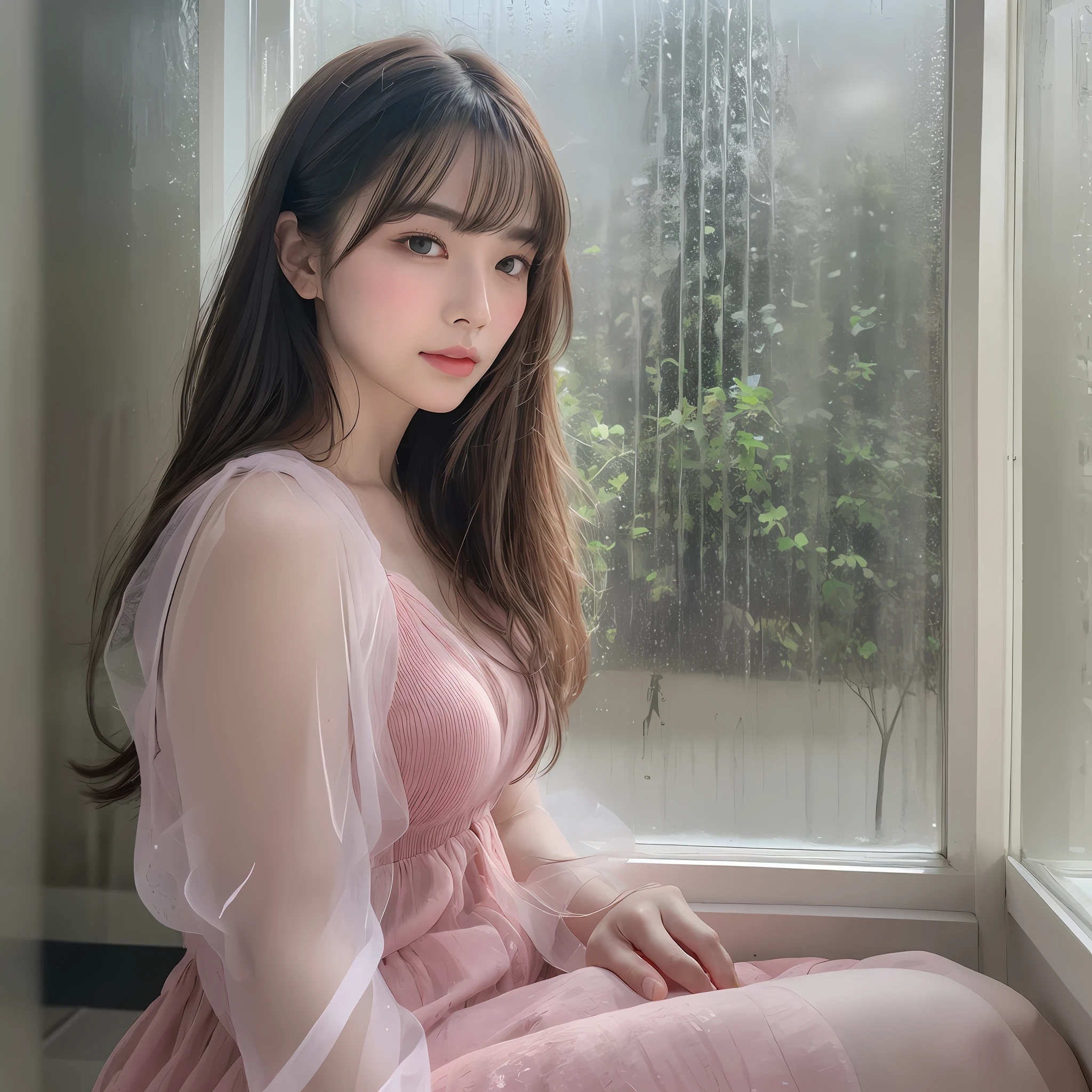 solo, woman, pyoapplev1, pyoapple, (look away), (parted lips with a faint smile), (shiny skin:1.1), blush, (bangs), long hair, sitting seiza, wearing summer dress, overlooking the city in window in white apartment, with rainy outside,rainy,(rainy :1.2), (foggy windows:1.2),rainy,
skin dents, intaglio photo reference, best quality, super high resolution, (realistic), (detailed face and eyes),