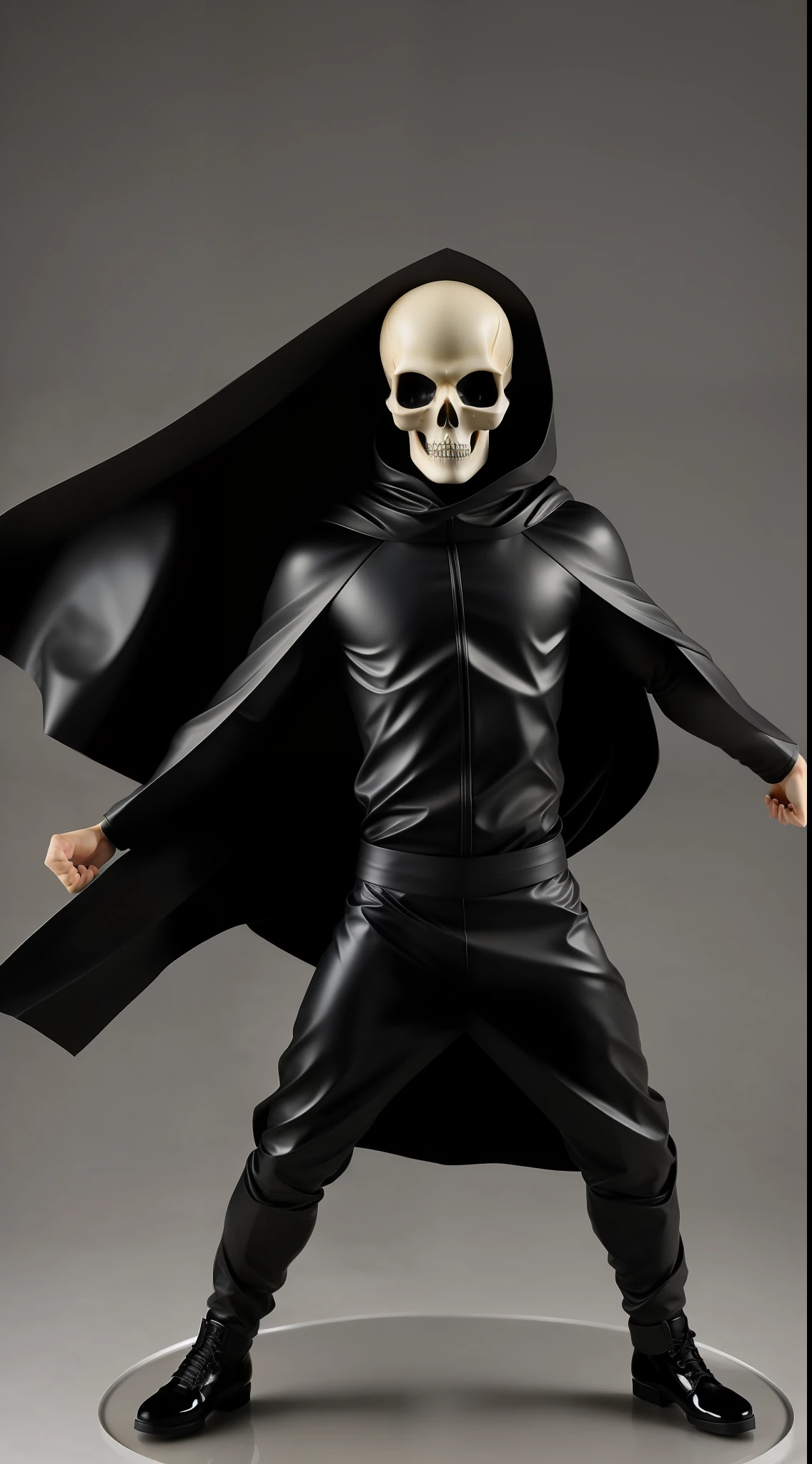 male figure, black cape from head to toe, a skull , very small, action shot, solo, (1boy:1.3), (skull:1.3), dynamic pose on top of an old wooden table, flawless, RAW, medium close-up up, model photography, high detail, insane detail, (standing at base:1.3), smoky background, gray with smoke, depth of field