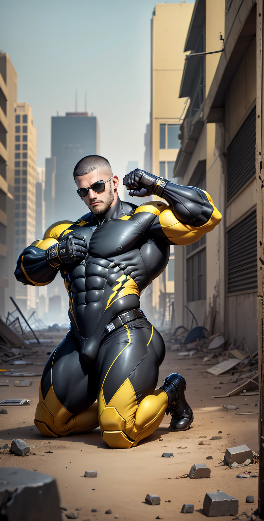 Arad man in yellow and black clothes kneeling in desolate ruins with his head in his hands, muscle male hero, Buzz Cut, heroic male pose, tall and burly, muscular! Wearing black sunglasses with sad expression, stealth suit, symmetrical pattern texture design, super buff and cool, high resolution committee, character design police, black military boots, attractive strong male