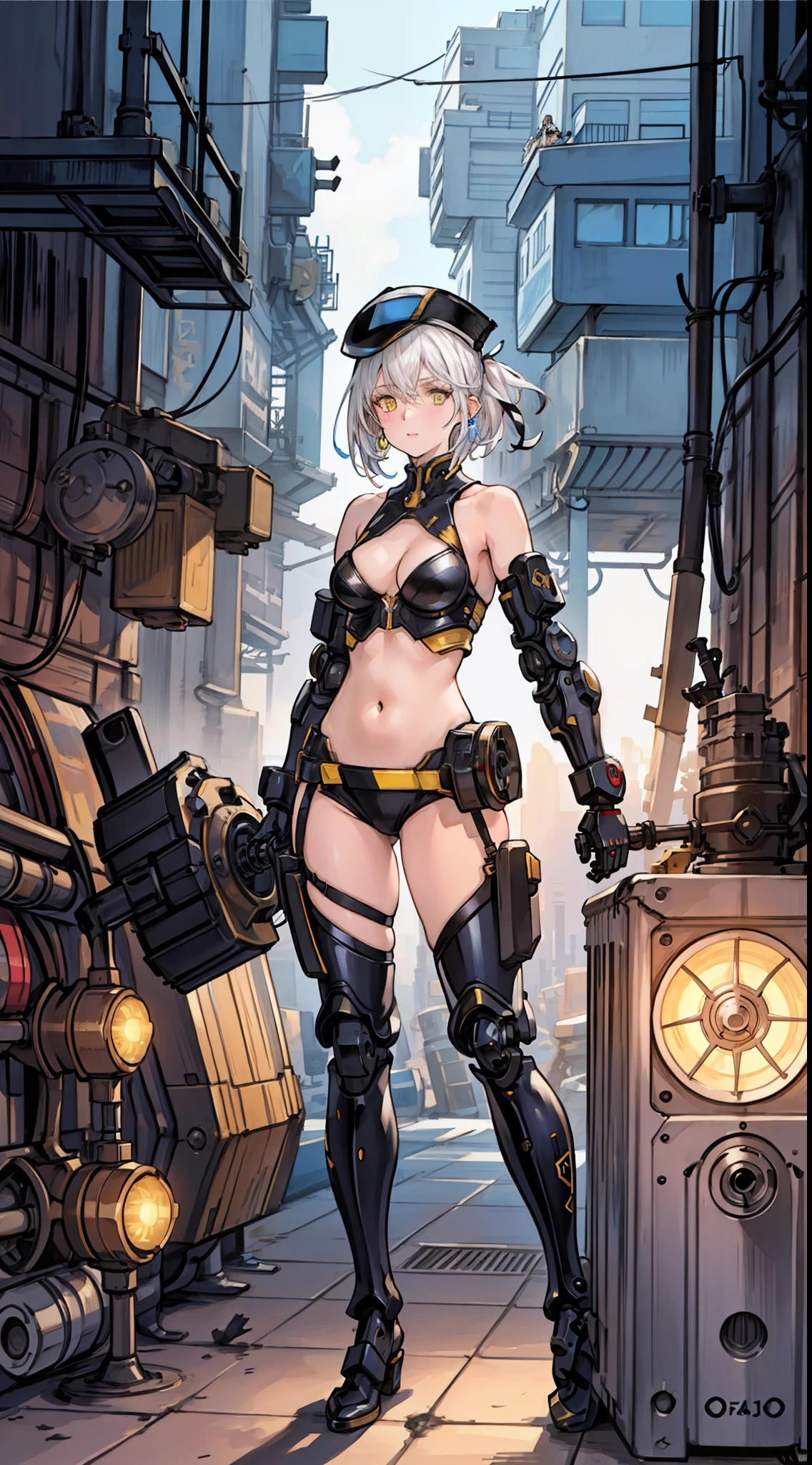 1 Girl, Solo, Colorful, Yellow Eyes, Cyberpunk, Mechanical Scrap Zone, Cityscape, Stud Earrings, Long Messy White Hair, Mechanical Hat, Mechanical Body, Robotic Arm, Mecha, Robot, Mechanical Maiden, Neon Lights, Beautiful Lights, Character Focus, CG Illustration, Bust Shot, 8k Resolution, Very Detailed, Anatomically Correct, Digital Painting, Concept Art, Clear Picture