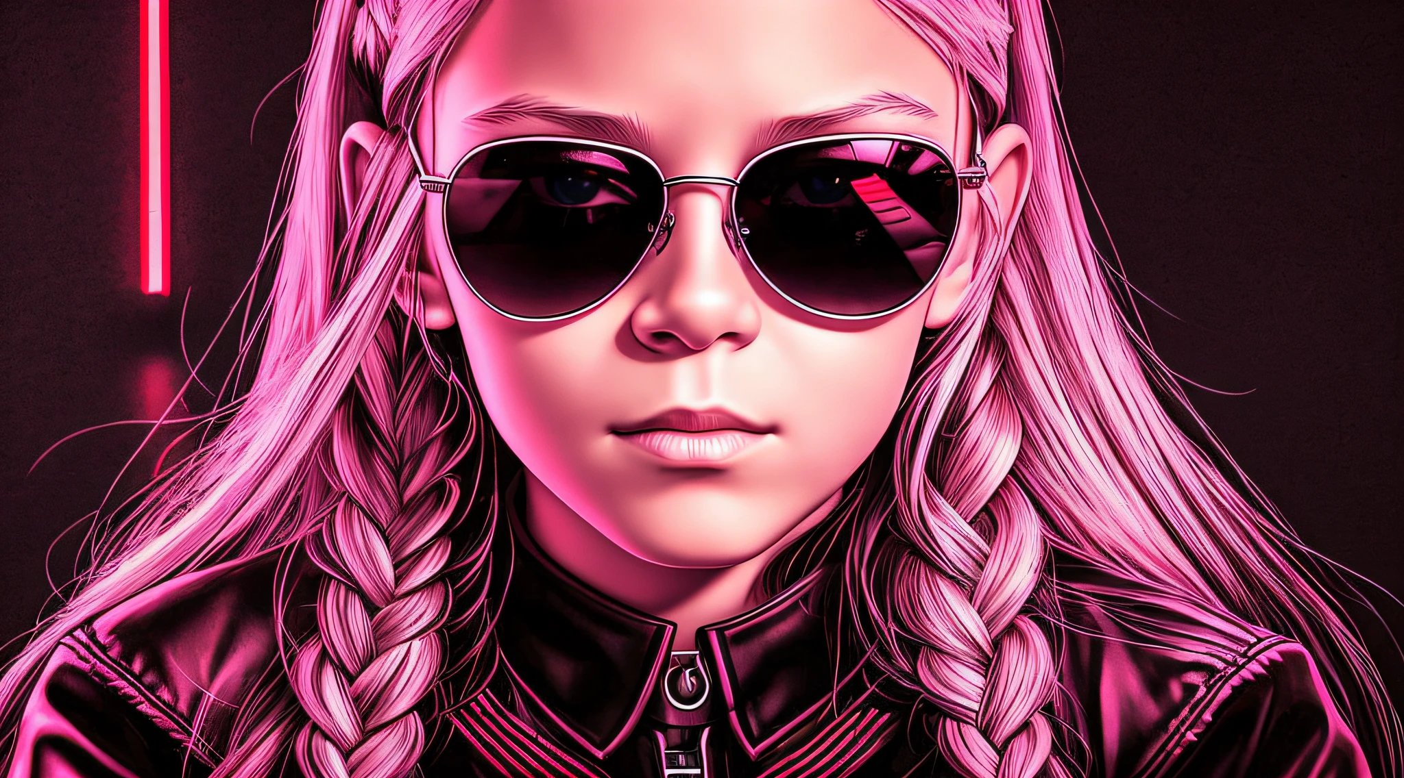 RUSSIAN GIRL 10 years old WITH LONG STRAIGHT BLONDE HAIR WITH BRAIDS, PORTRAIT STYLE, WITH SUNGLASSES, on a black background WITH RED LIGHTS, The Terminator, Terminator, The Terminator. --auto --s2