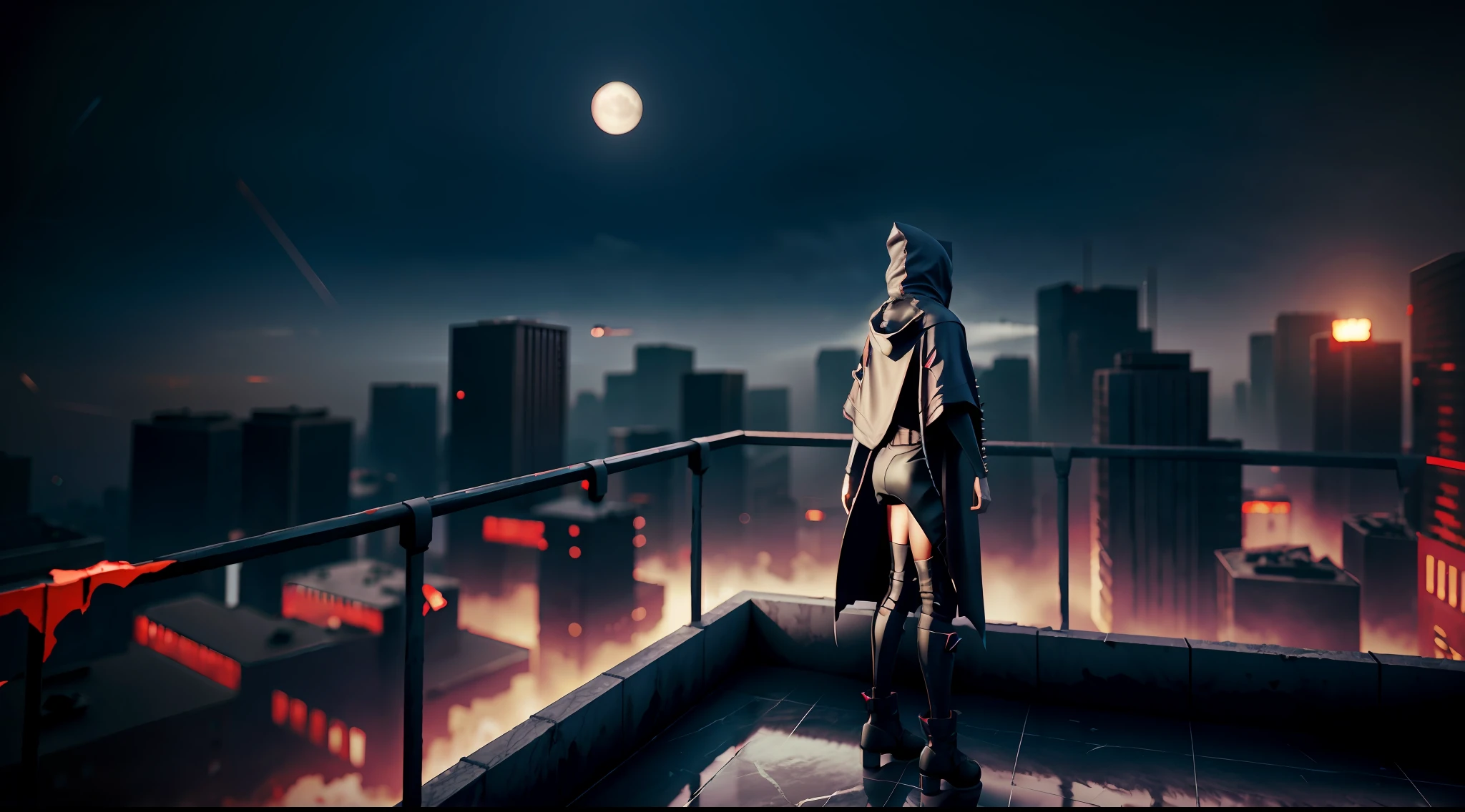 1girl,standing on a ledge overlooking a city at night, stylized urban fantasy art, hooded Sith Lord, blood moon background, wearing hooded science fiction cape, digital cyberpunk, modern science fiction, dark cyberpunk illustration, cyberpunk art, rendered in Unreal 5, ((Unreal Engine)), Unreal Engine Art 5, peeled ceilings, broken slabs, steel bars between cracks, realistic material details, extreme details, hyper-realistic materials, photos of internal ruins, concept art dramatic lighting