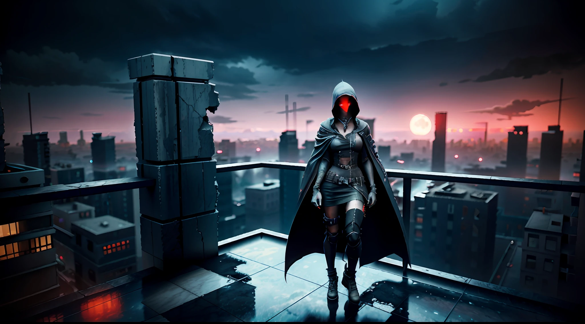 1girl,standing on a ledge overlooking a city at night, stylized urban fantasy art, hooded Sith Lord, blood moon background, wearing hooded science fiction cape, digital cyberpunk, modern science fiction, dark cyberpunk illustration, cyberpunk art, rendered in Unreal 5, ((Unreal Engine)), Unreal Engine Art 5, peeled ceilings, broken slabs, steel bars between cracks, realistic material details, extreme details, hyper-realistic materials, photos of internal ruins, concept art dramatic lighting