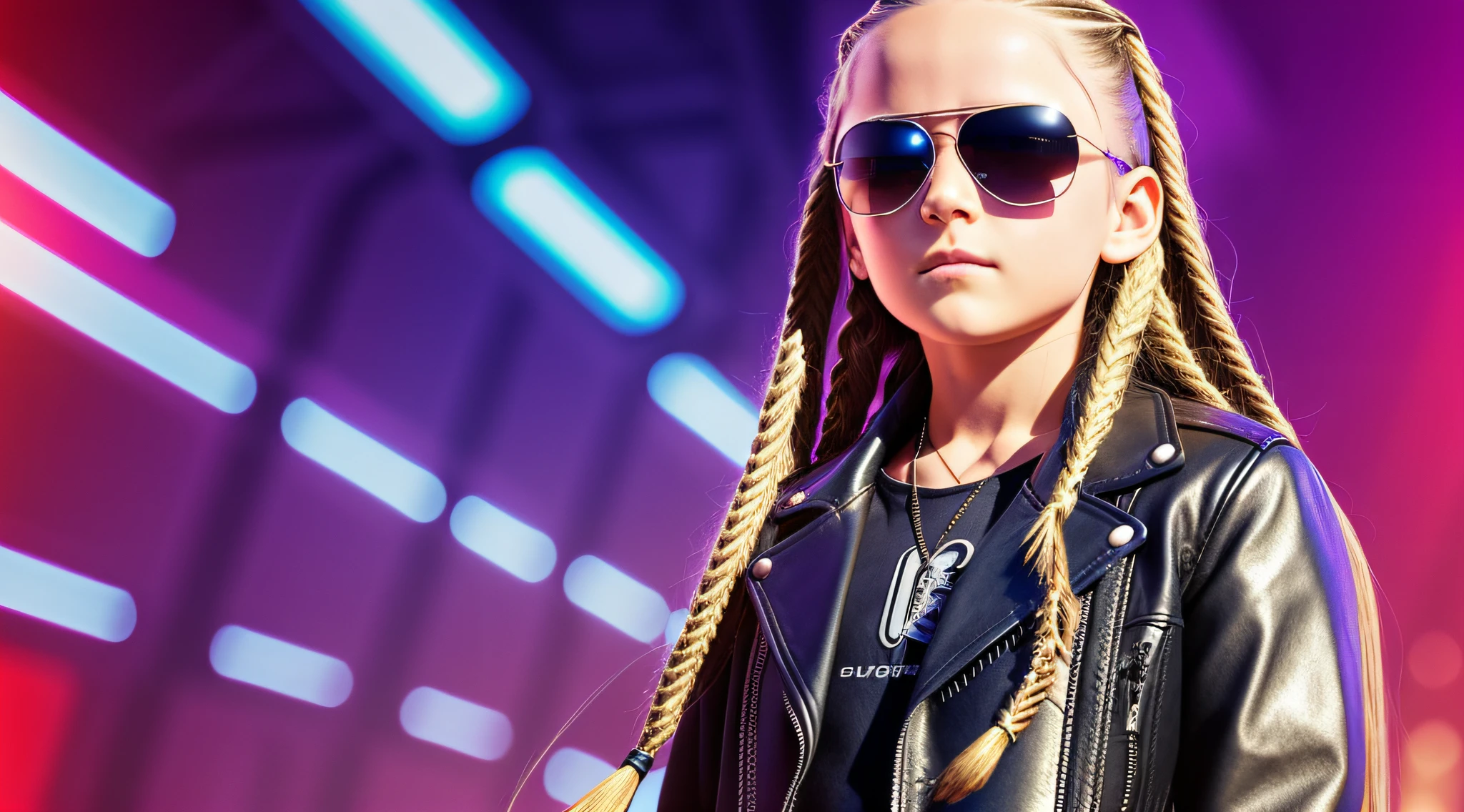 RUSSIAN GIRL WITH LONG STRAIGHT BLONDE HAIR WITH BRAIDS , PORTRAIT STYLE , WITH SUNGLASSES , in leather jacket , Terminator , Terminator 2 --auto --s2