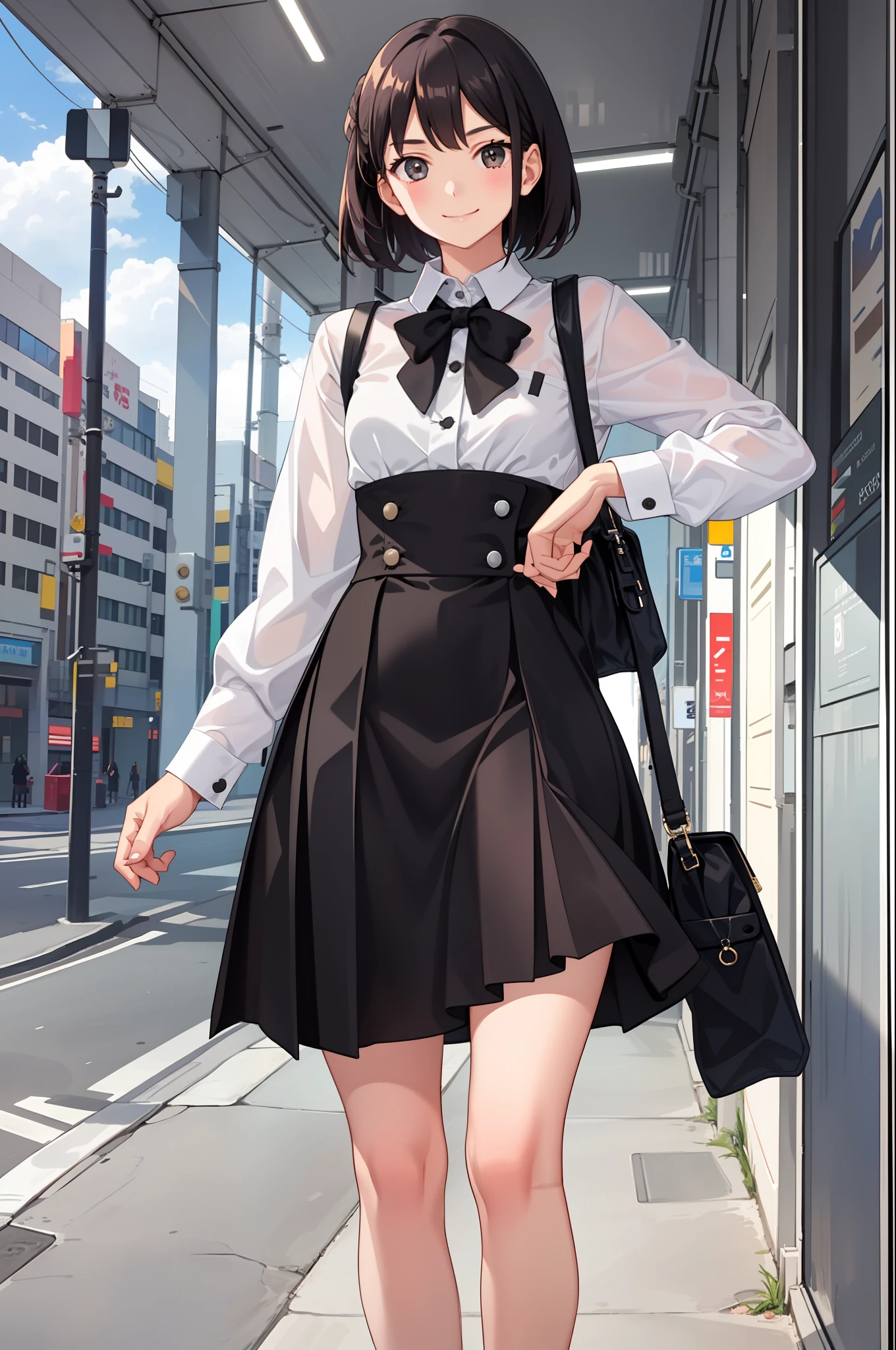 1 girl, smile, shirt, skirt, (small)