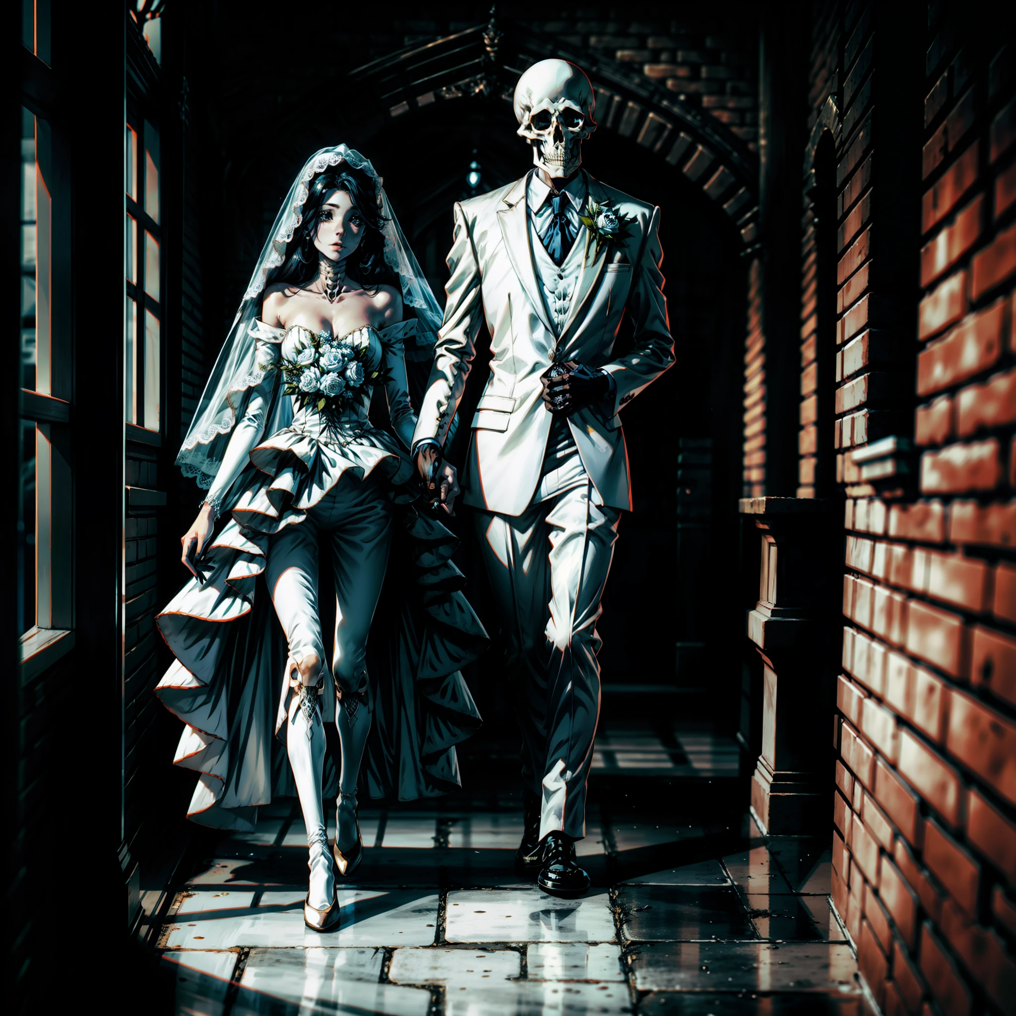 skeleton woman in wedding dress walking down the aisle