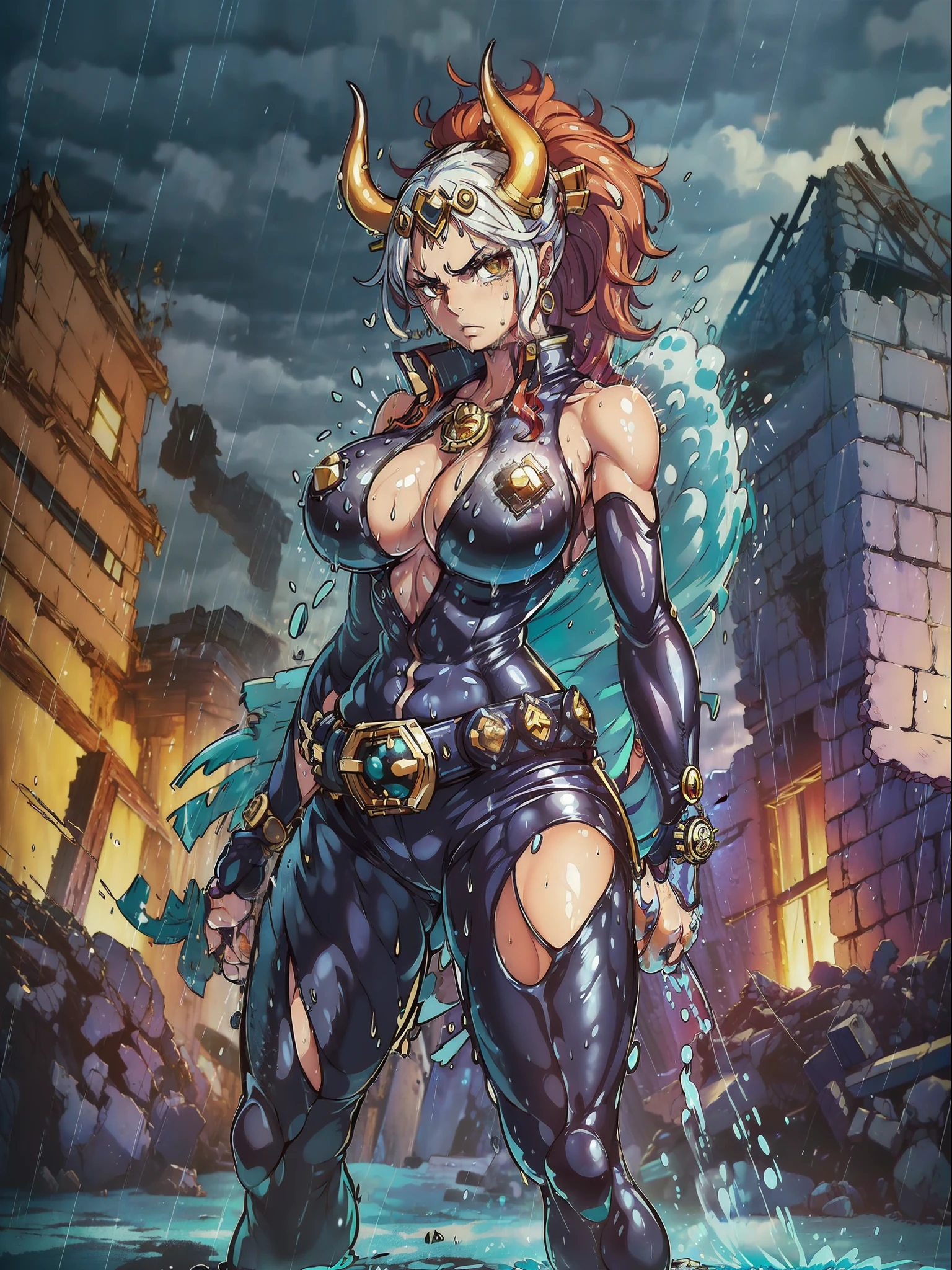 ((full body):2), {1woman}, only {1woman} is this ((wearing black Kamen Rider costume with gold parts, with a round shiny jewel on her chest, with a belt, helmet on her head):1.5) (( extremely tight in the body, with a round jewel on the chest):1.5), only {1woman} ((has extremely large breasts):1.5), only {1woman} has ((green colored eyes, very short mohawk red hair): 1.4), only {1woman} ((is looking at the viewer/look and face of hate, making heroic poses with her arms above her waist)), only {1woman} is standing, ((In an extremely destroyed futiristic city raining very strong, it's night, it's full of clouds):1.5), only {1 woman} ((she has her body/clothes all wet with water and her clothes are soaked):1.4), (Kamen Rider), Tokusatsu, anime, anime style, cinematic lighting, 16k, highres, best quality, high details, UHD, masterpiece