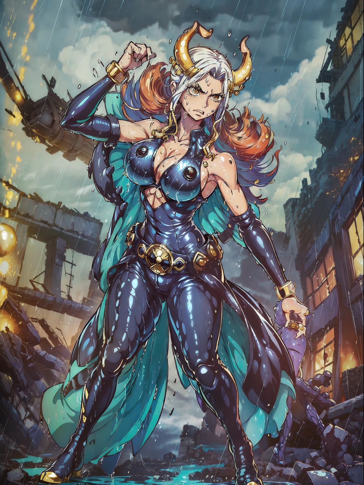 ((full body):2), {1woman}, only {1woman} is this ((wearing black Kamen Rider costume with gold parts, with a round shiny jewel on her chest, with a belt, helmet on her head):1.5) (( extremely tight in the body, with a round jewel on the chest):1.5), only {1woman} ((has extremely large breasts):1.5), only {1woman} has ((green colored eyes, very short mohawk red hair): 1.4), only {1woman} ((is looking at the viewer/look and face of hate, making heroic poses with her arms above her waist)), only {1woman} is standing, ((In an extremely destroyed futiristic city raining very strong, it's night, it's full of clouds):1.5), only {1 woman} ((she has her body/clothes all wet with water and her clothes are soaked):1.4), (Kamen Rider), Tokusatsu, anime, anime style, cinematic lighting, 16k, highres, best quality, high details, UHD, masterpiece