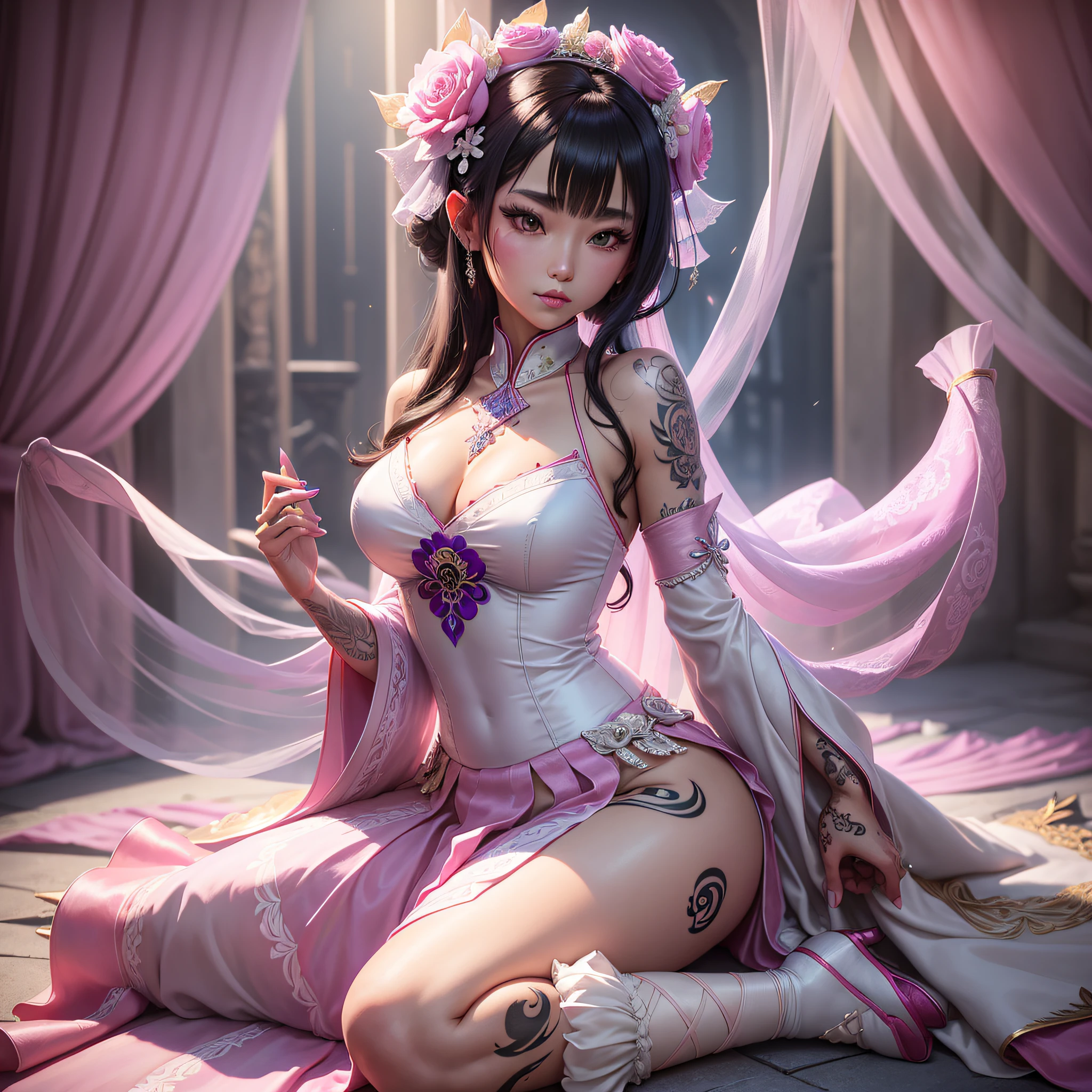 nighttime,full body,Genshin Impact:Yae Miko,(((Wearing palace wedding dress, Long skirt, large hem,Fabric: Chiffon ))), in Pink Rose Castle, Masterpiece,best quality,extremely detailed 3DCG, Cinema-4D ,8k,Photorealistic, ( ##tattoo ##,tattoo, ~+ tattoo), (erfect female curves),(A seductive gaze), Facing the camera, Pink lips,Blacklight lighting,