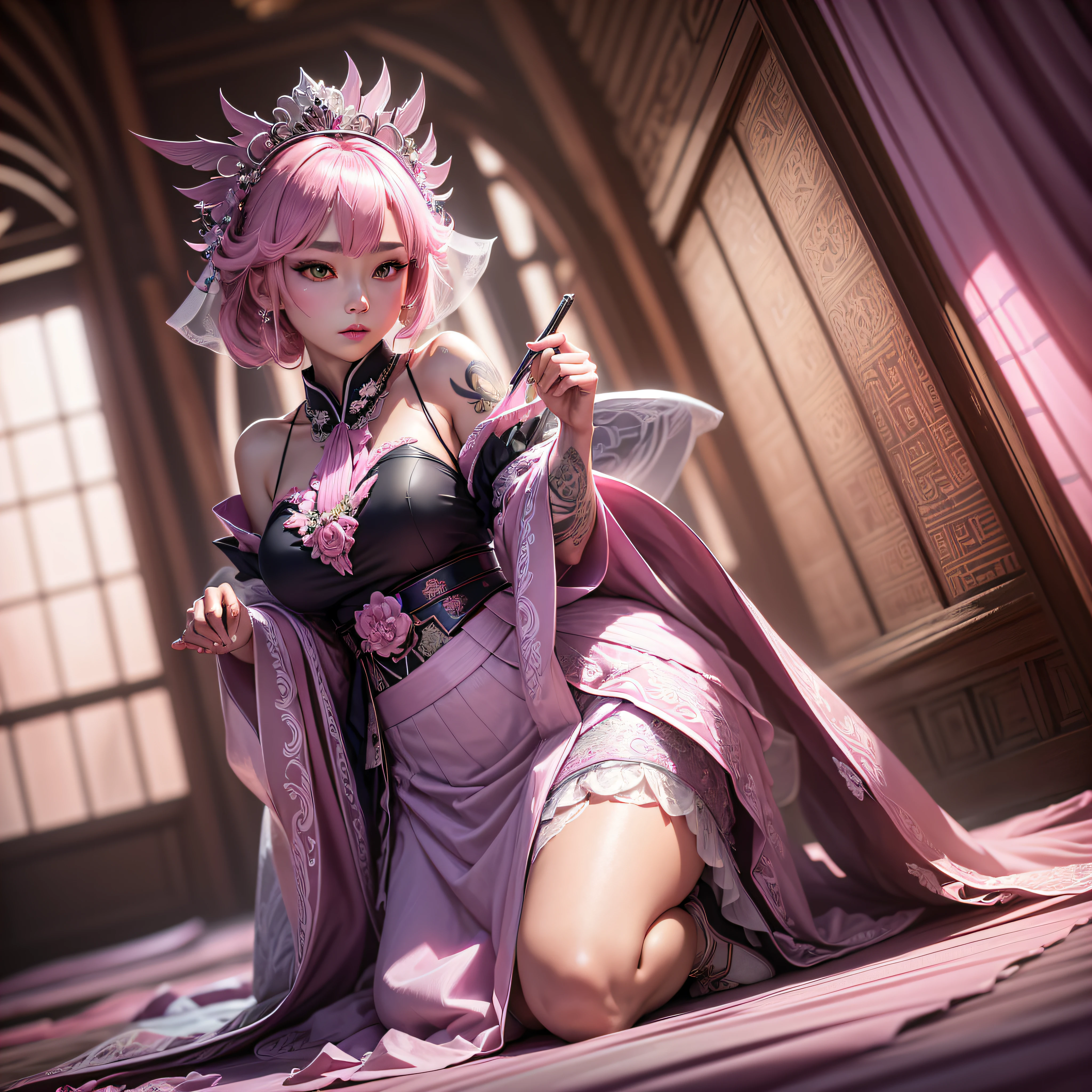 nighttime,full body,Genshin Impact:Yae Miko,(((Wearing palace wedding dress, Long skirt, large hem,Fabric: Chiffon ))), in Pink Rose Castle, Masterpiece,best quality,extremely detailed 3DCG, Cinema-4D ,8k,Photorealistic, ( ##tattoo ##,tattoo, ~+ tattoo), (erfect female curves),(A seductive gaze), Facing the camera, Pink lips,Blacklight lighting,