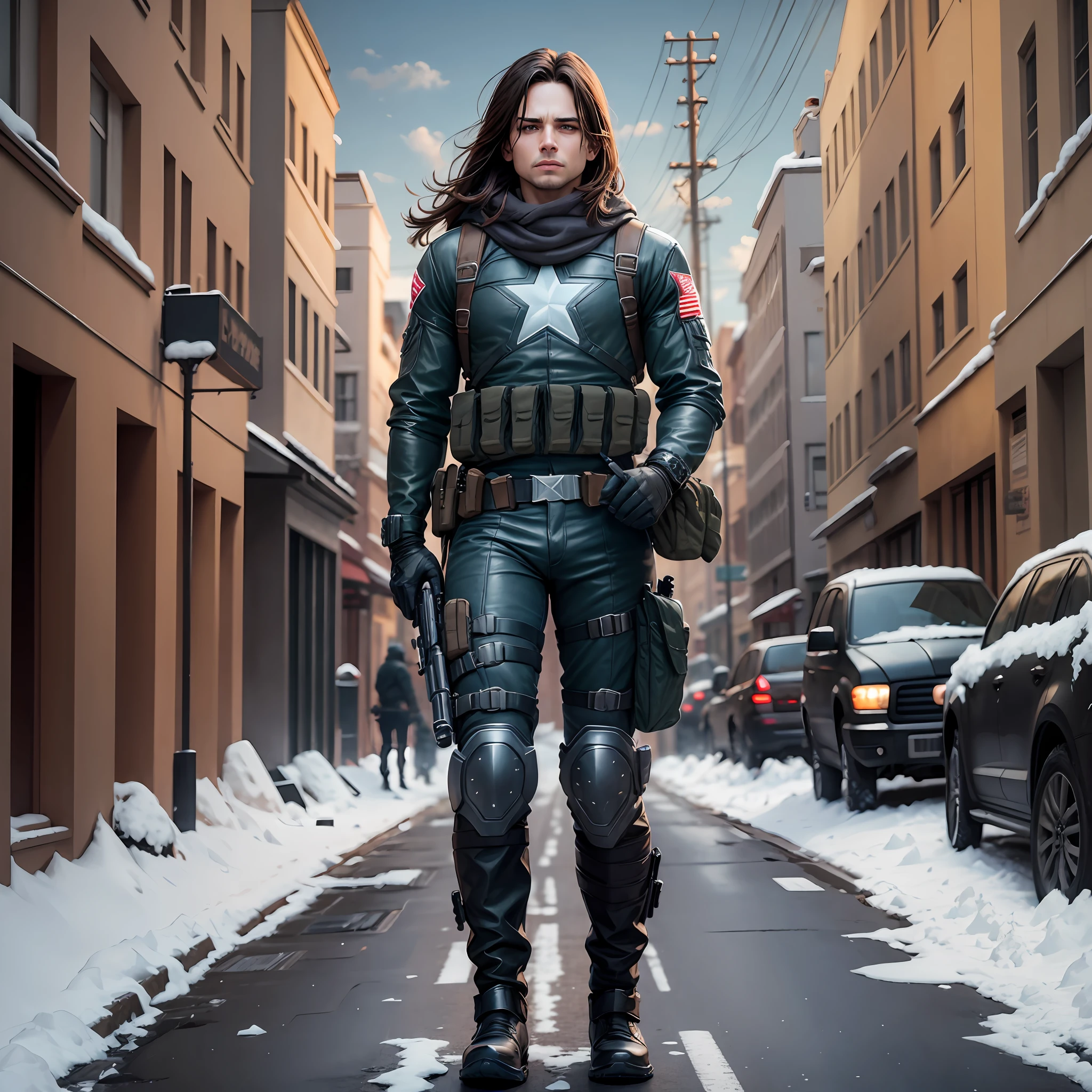 Winter soldier on a street, portrait, full body, holding a machine gun, ultra realism, 50mm --auto --s2