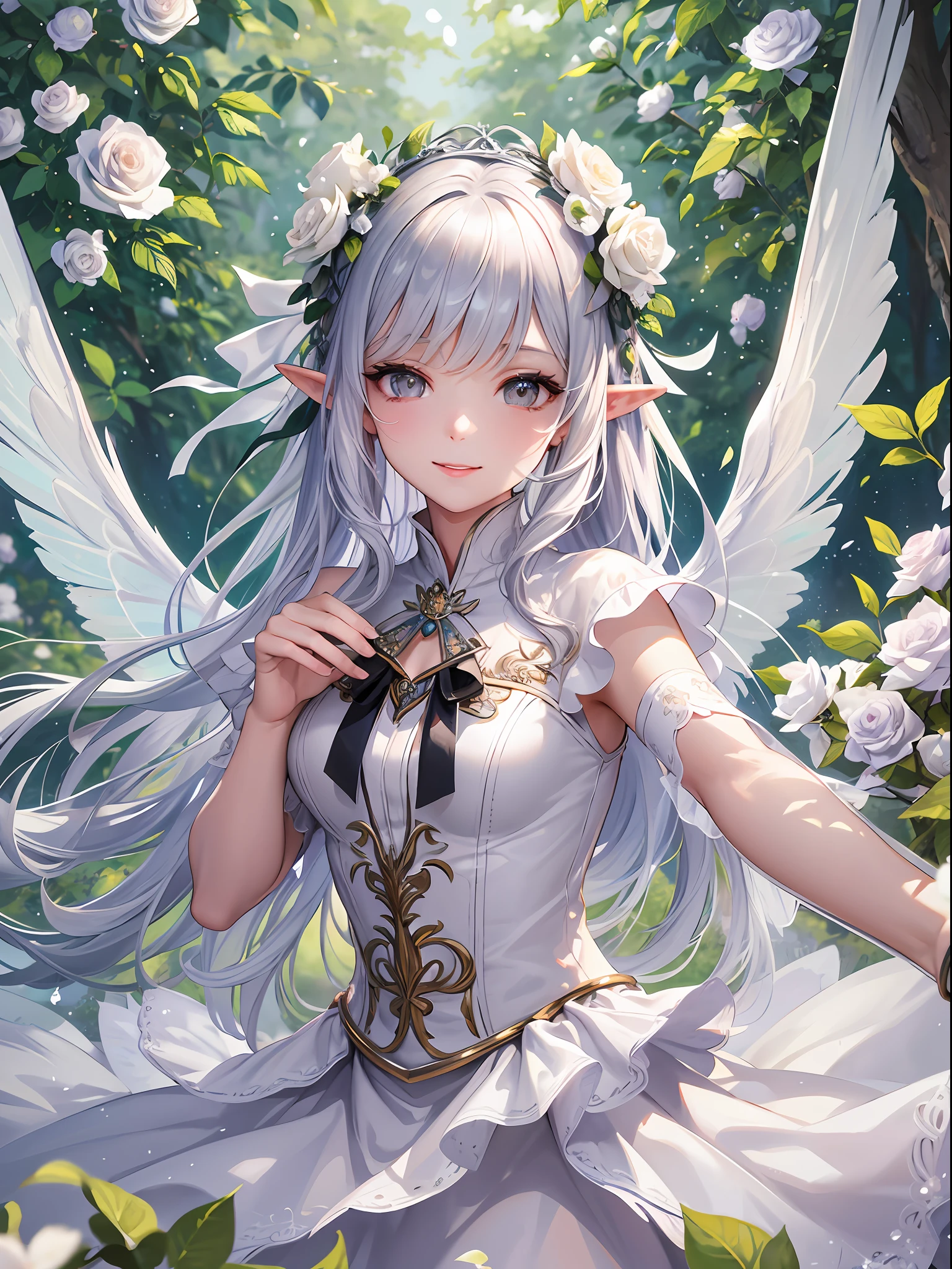 1 girl, solo, full body, reaching for the sky, walking figure, feng shui emu, elf ears, fairy wings, transparent feathers on the back, silver hair, bangs, shiny lips, eyelashes, lips, eye focus, hair long, silver eyes, cute, super detailed, ruffled mini skirt, white dress, fantasy, bouquet of white roses, petals fluttering, white rose, silver tiara, white rose hair ornament, elf ears, rose garden, fairy forest, blue sky, fairy wings, transparent wings, illustration, complex, detailed, very detailed, face, illuminated by soft light, soft focus, perfect face, beautiful, precise anatomy, overexposed, 8k, 4k, (high resolution: 1.1), highest quality, (master pea: 1.3), freckles, heart-shaped eyes, smile