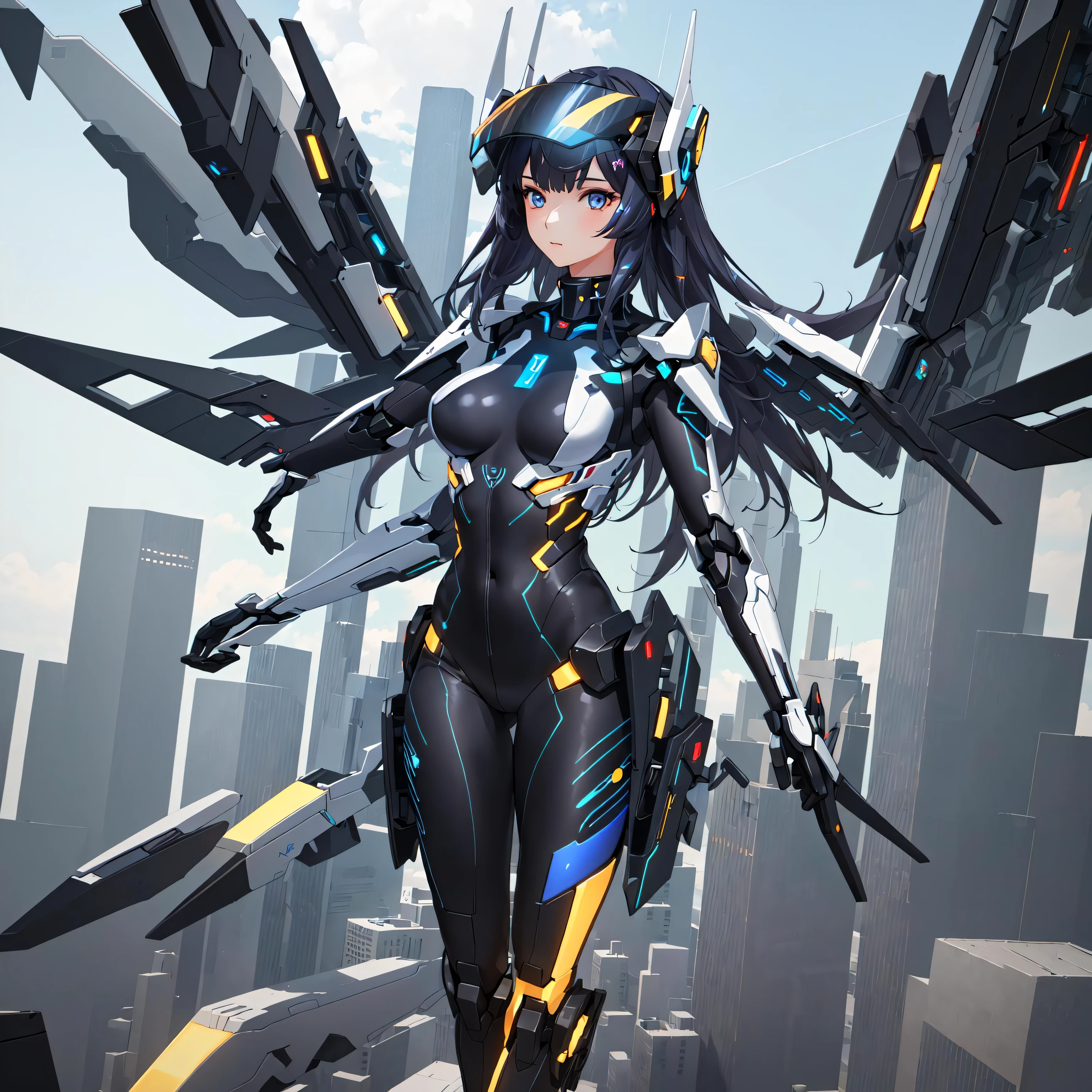 ((a girl in a high tech body suit flying through a futuristic city)), (futuristic city), (visor), headgear, (small mecha wings), masterpiece, ultra detailed CG, hyper intricate fine detail, 8K wallpaper, ((perfect female figure)), huge natural breasts, detailed eye description, narrow waist, clean, skindentation, long hair,