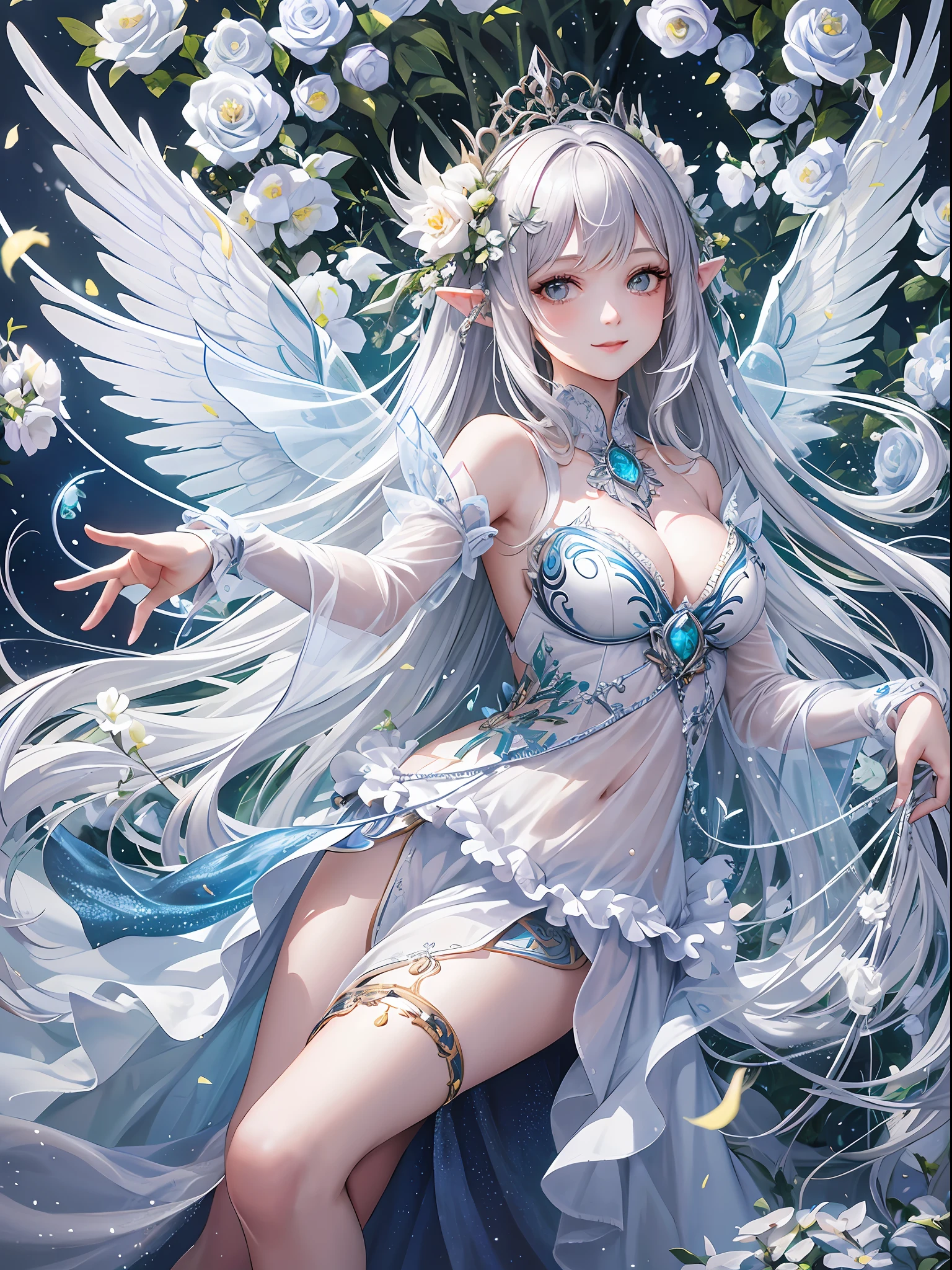 1 girl, solo, full body, reaching for the sky, walking figure, feng shui emu, elf ears, fairy wings, transparent feathers on the back, silver hair, bangs, shiny lips, eyelashes, lips, eye focus, hair long, silver eyes, cute, super detailed, ruffled mini skirt, white dress, fantasy, bouquet of white roses, petals fluttering, white rose, silver tiara, white rose hair ornament, elf ears, rose garden, fairy forest, blue sky, fairy wings, transparent wings, illustration, complex, detailed, very detailed, face, illuminated by soft light, soft focus, perfect face, beautiful, precise anatomy, overexposed, 8k, 4k, (high resolution: 1.1), highest quality, (master pea: 1.3), freckles, heart-shaped eyes, smile