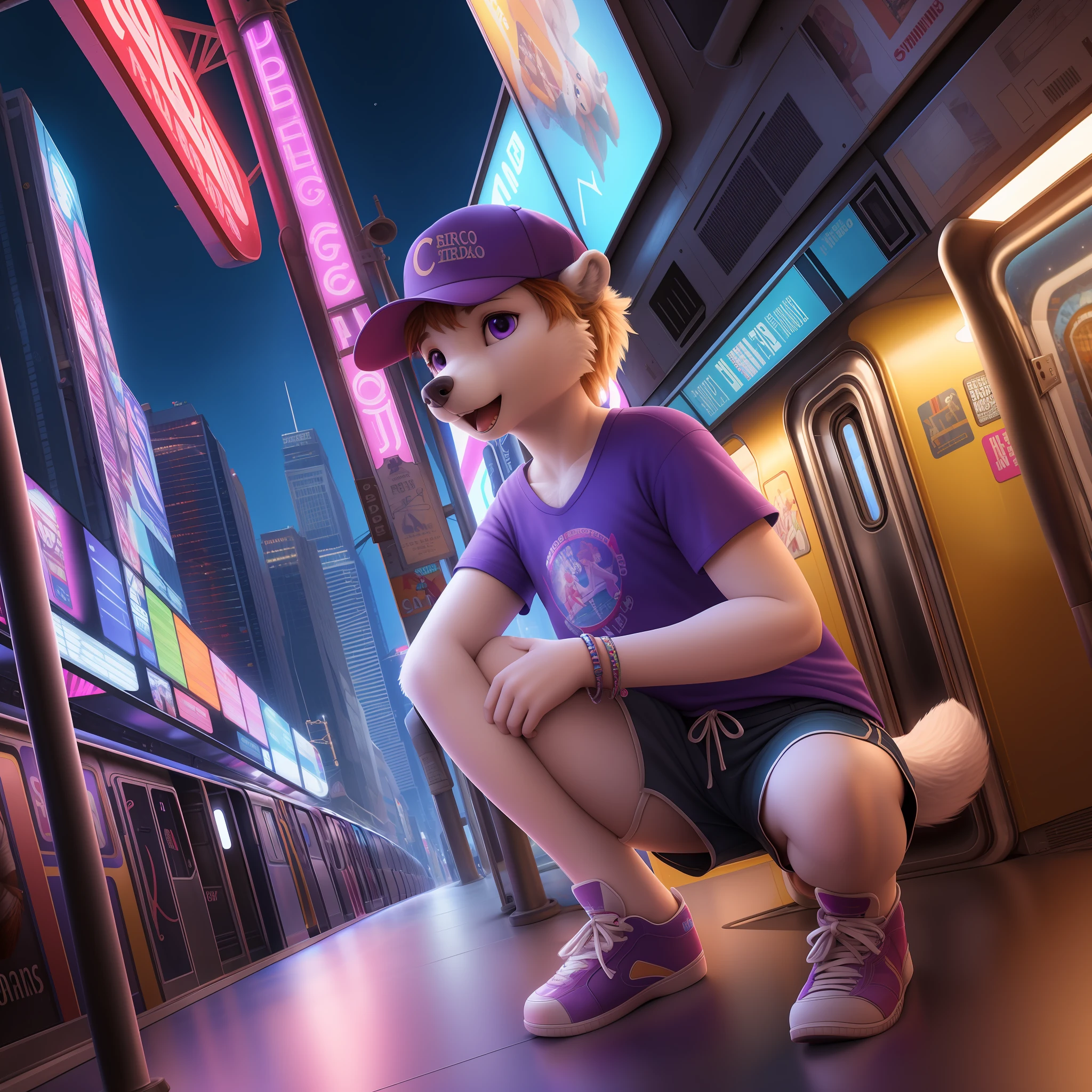 Beautiful and detailed picture of a preteen polar bear girl, (best quality, insanely detailed illustration:1.2), masterpiece, child, kid, epic realistic, hyperdetailed background, (hdr:1.25), (intricate details:1.14), (hyperrealistic 3d render:1.16), (filmic:0.55), (body fur), late evening, streetlights, train lights, neons, 1girl, furry female, solo, furry, shorts, crouching, shirt, hat, shoes, tail, animal ears, jewelry, short sleeves, hand on own knee, baseball cap, looking at viewer, closed mouth, bracelet, short shorts, sneakers, animal nose, full body, purple headwear, shirt, body fur, snout, dolphin shorts, flat chest, urbanwear, chicago, loop station, subway station, chicago skyline, subway train, electronic displays, posters, artwork, graffiti, crowd
