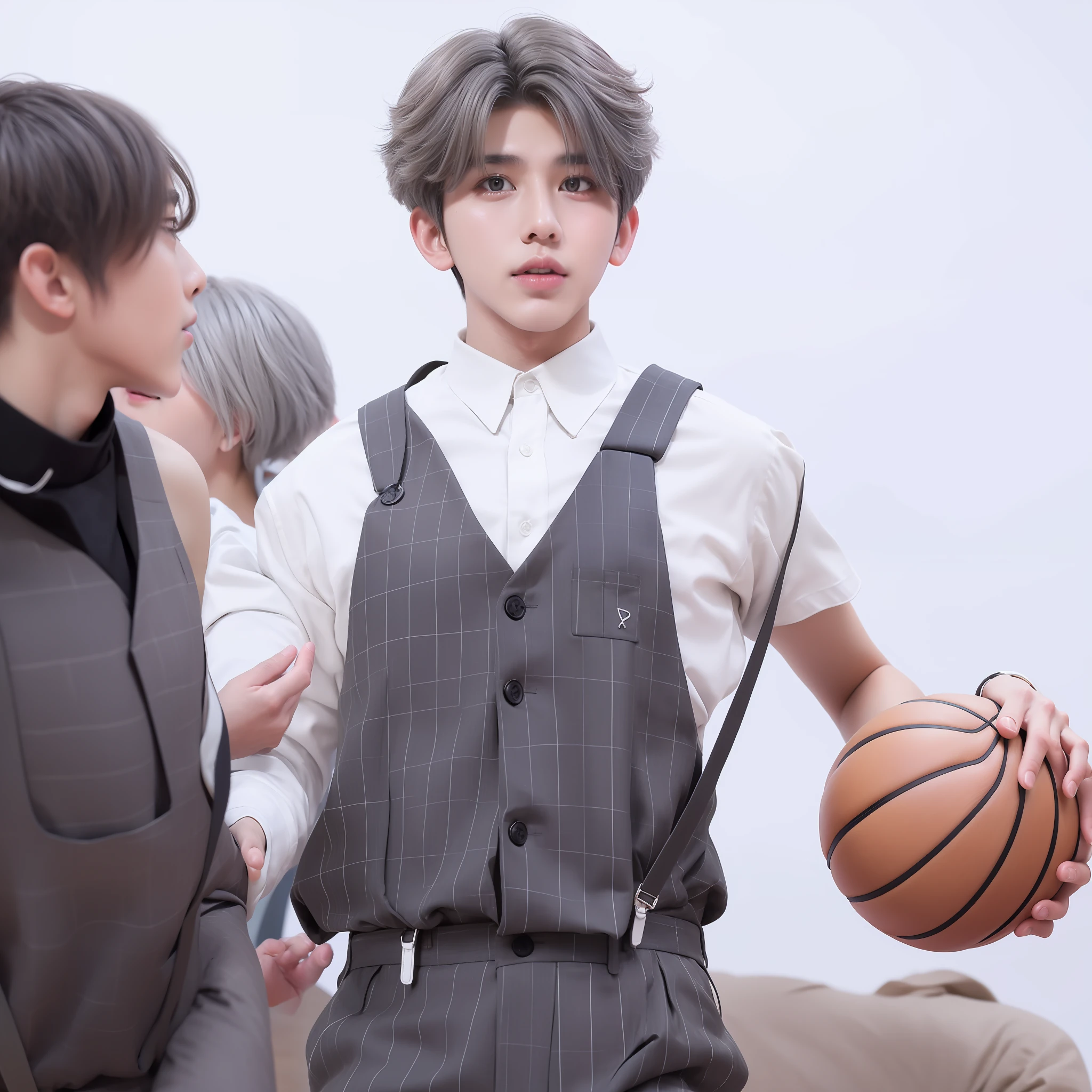 A boy, gray hair, middle score, (((black suspenders)))), ((white shirt)), basketball, white background, dancing, single