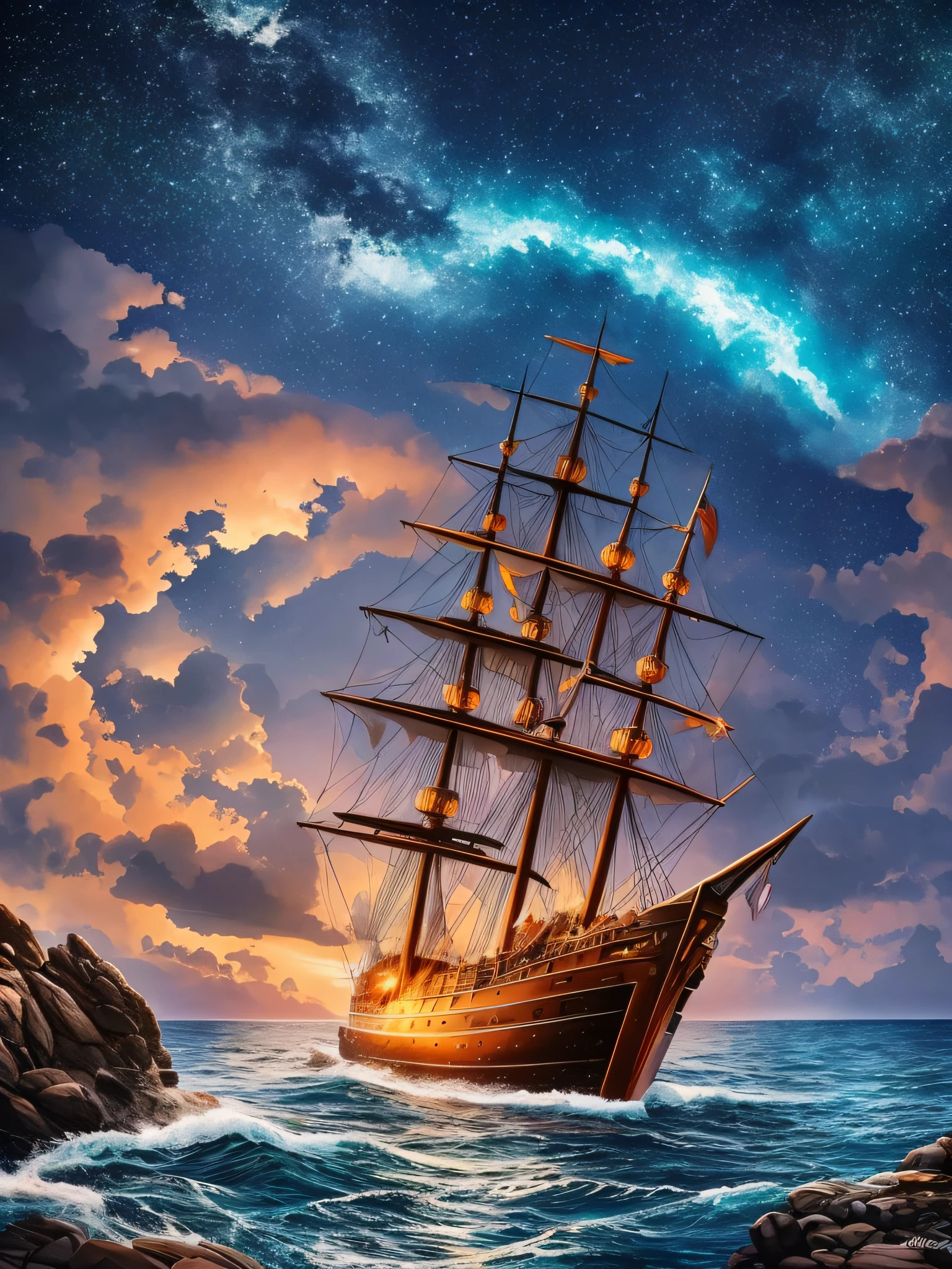 The ship is in the center of the ocean, dark night, violent storms, HD, mermaid, orange thunder background, best quality, some rocks around, rocks, best ship, mermaid on ocean, best mermaid, 16k, big ship,