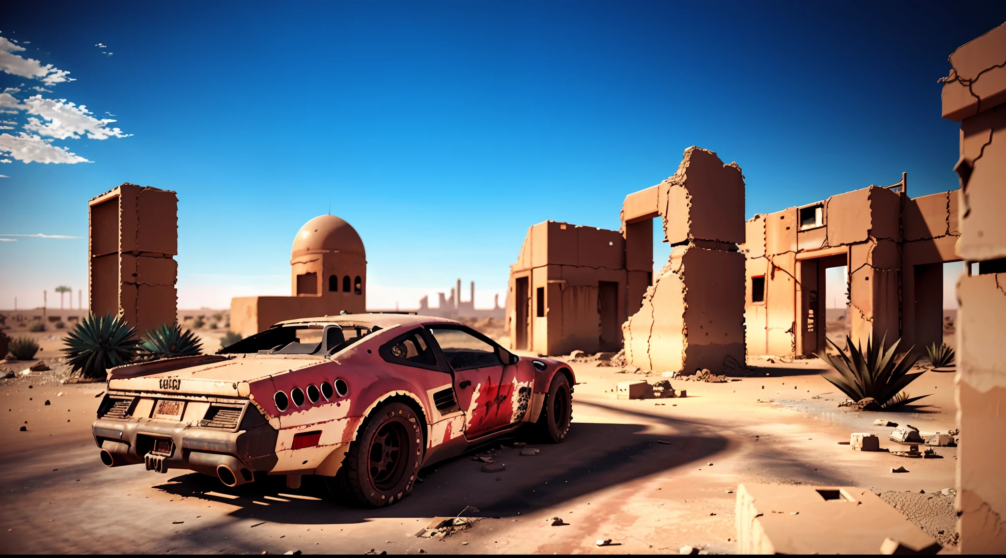 Abandoned cyberpunk city in desert ruins, vibrant, photorealistic, realistic, hyper-realistic, insanely detailed, dramatic, dark, sharp focus, 8K
