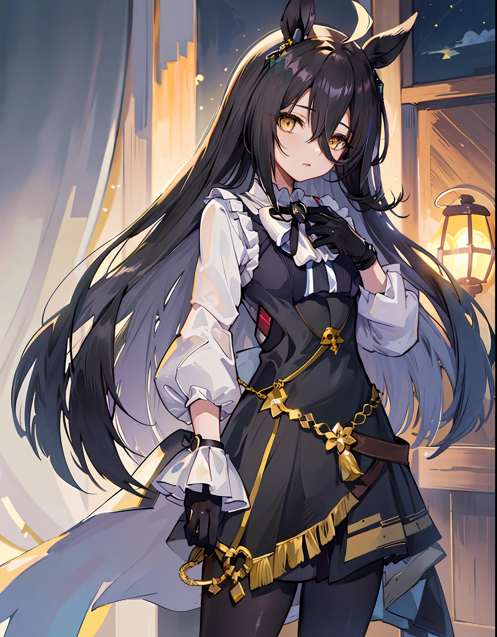 (masterpiece), (highest quality), Manhattan Cafe \ (Uma musume \), Ahoge of thin white color independent of black hair, (long hair with black hair), very thin and long black bangs passing between the eyes, Yellow eyes that shine bewitchingly without highlights, Thin and delicate body, Black haired horse ears, Black hair horse tail, (((Eugen dress)), black gloves, black pantyhose, moonlight, full moon,